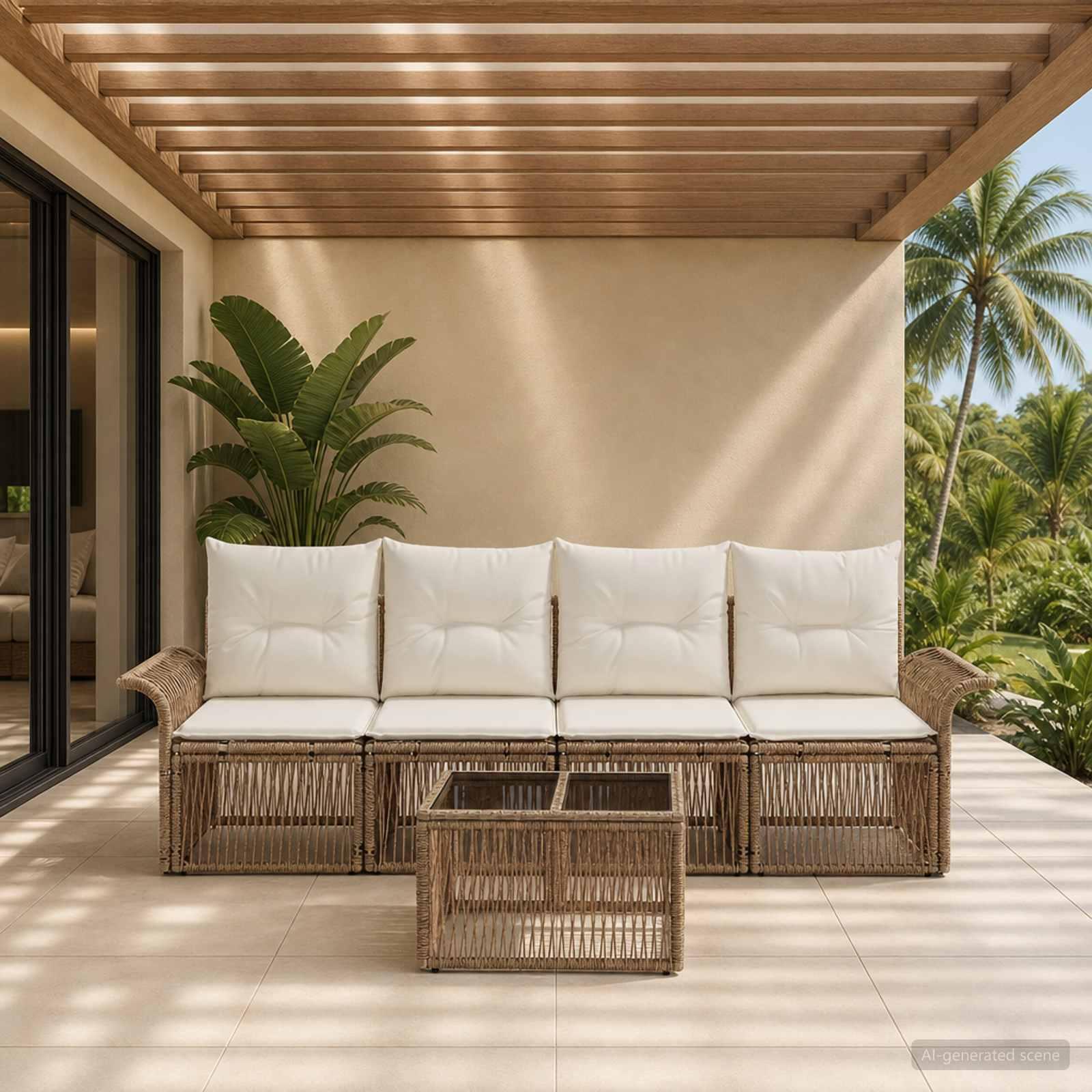 Havesofa sæt 5 stk. i beige polyrattan med bord