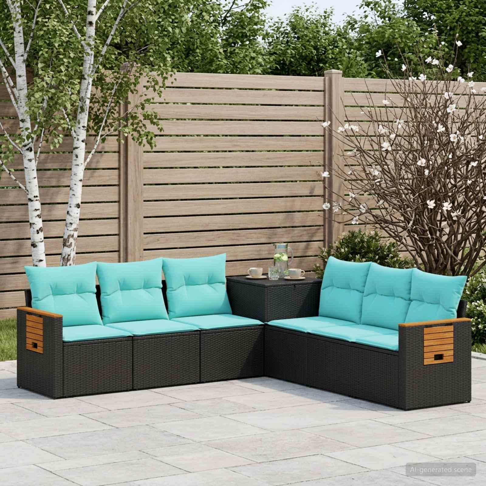 Sofa sæt 7 stk. til have og terrasse i sort og blå poly rattan og stål