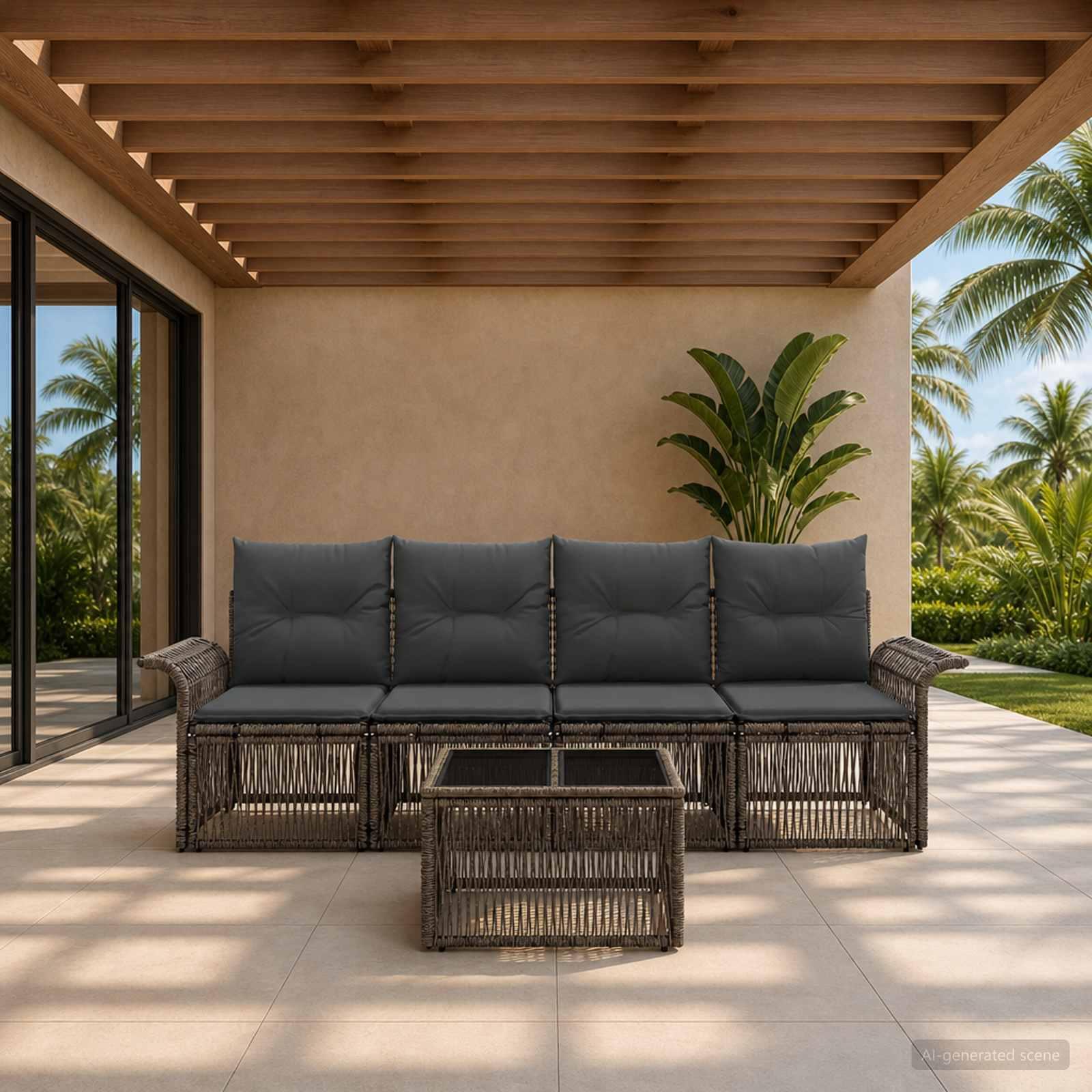 Havesofa sæt 5 stk. i grå polyrattan med bord