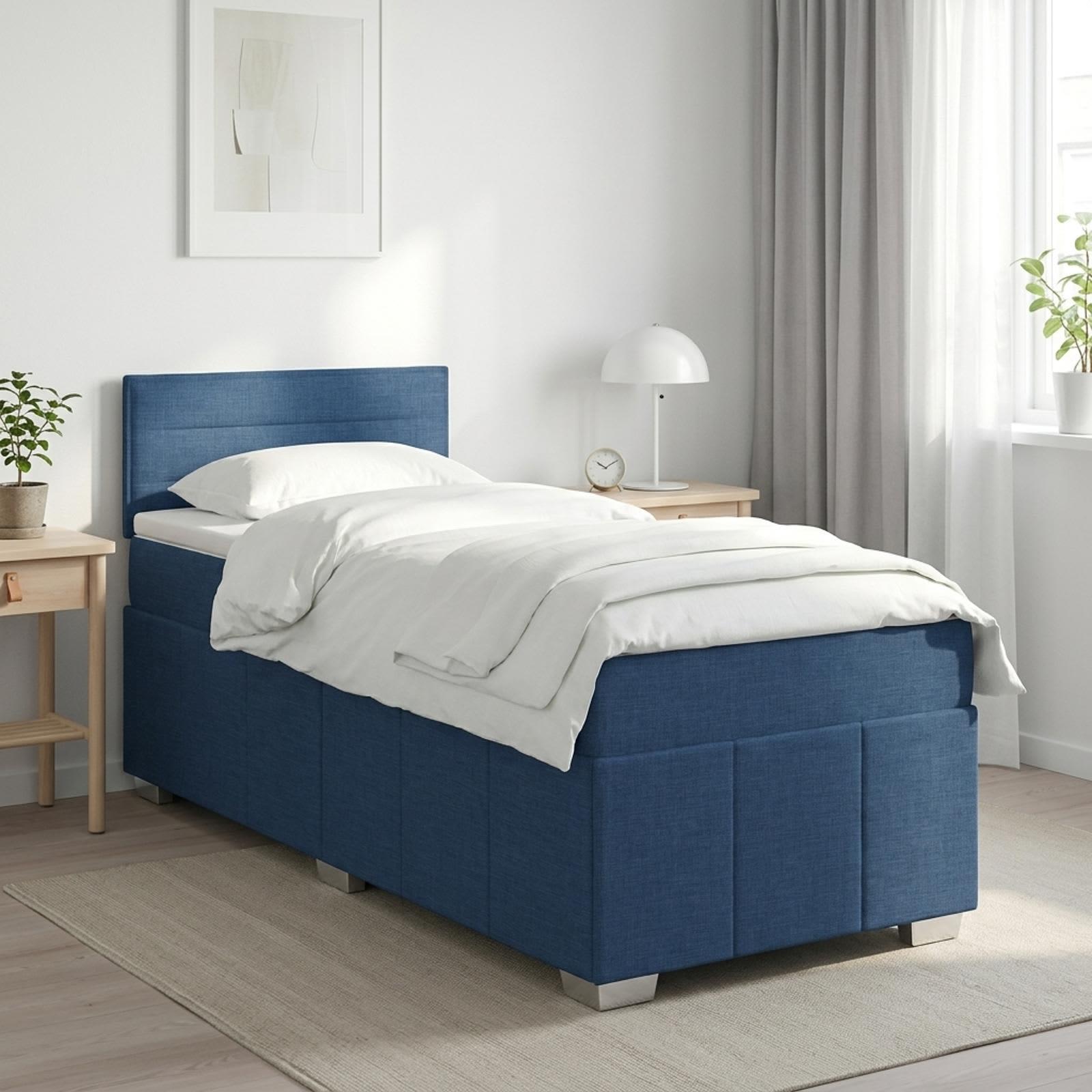 Boxmadras med topmadras og hovedgærde 100 x 200 cm - blå stof