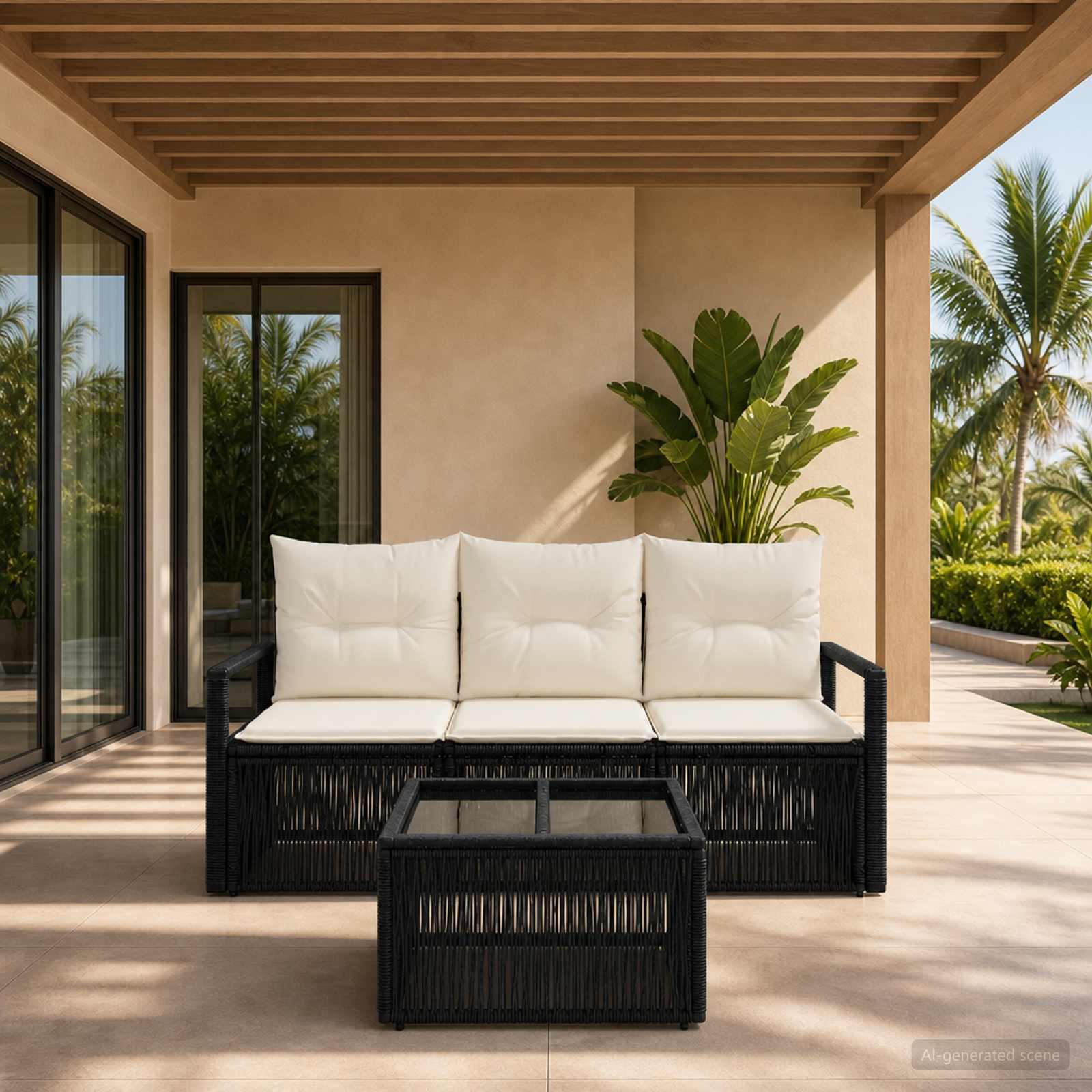 Havesofa sæt 4 stk. i sort polyrattan med bord