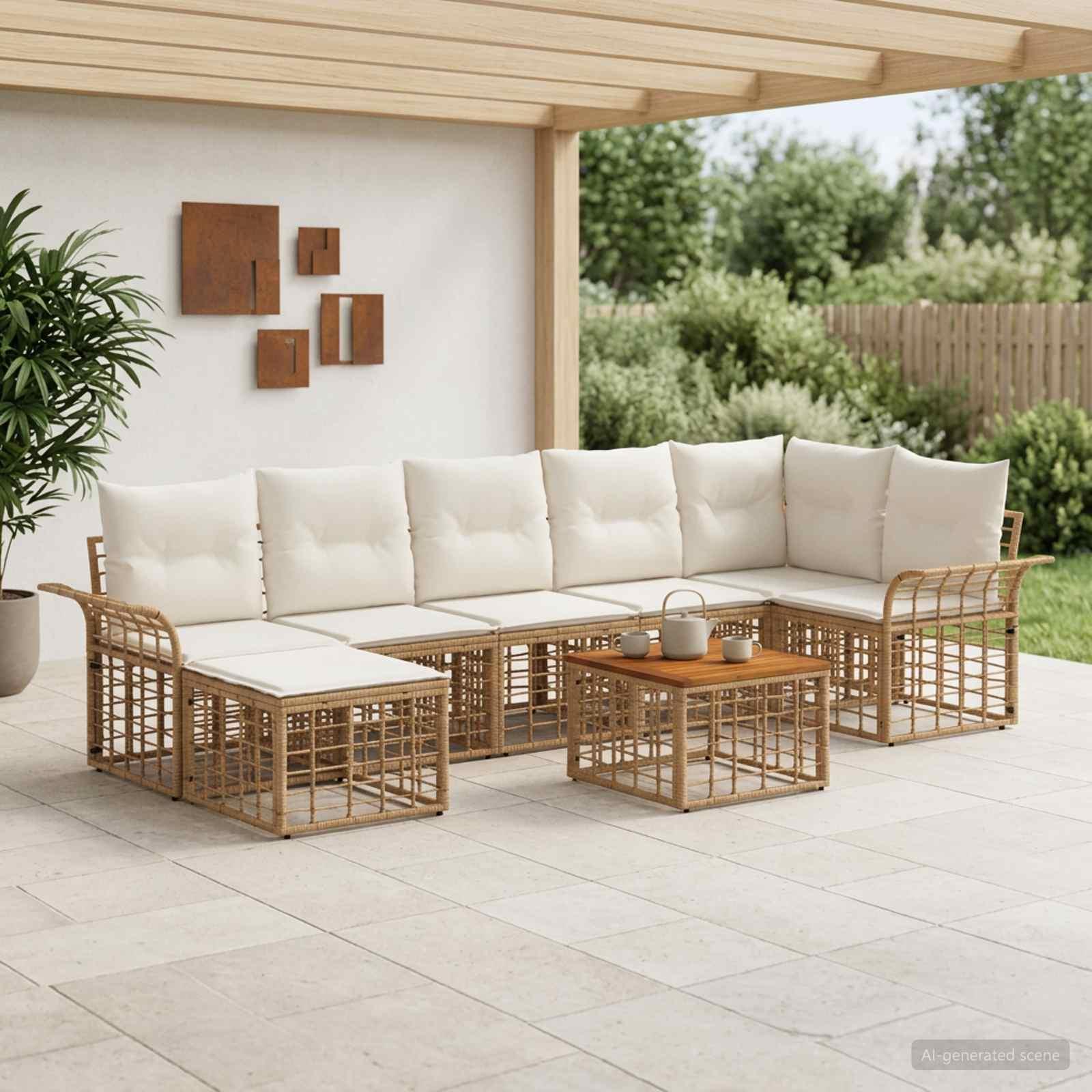 Udendørs sofagruppe 8 stk. i polyrattan - naturlig og cremehvid