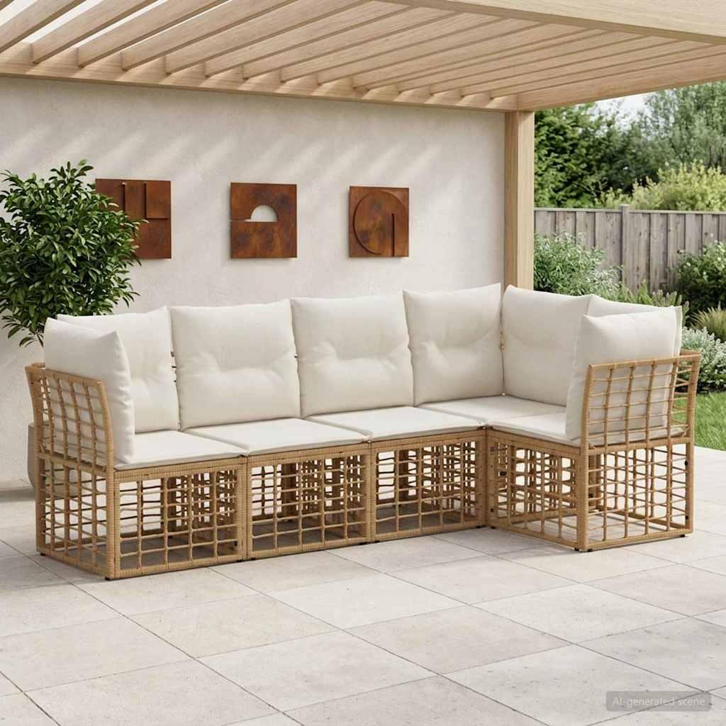 Udendørs sofagruppe i naturfarvet poly rattan og polyester til 5 personer