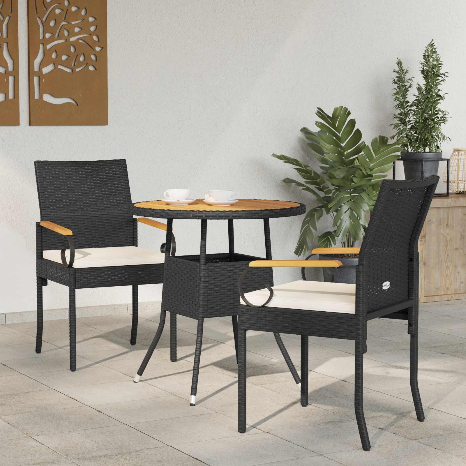 Havestole 2 stk. i sort og cremehvid polyrattan med akacietræ