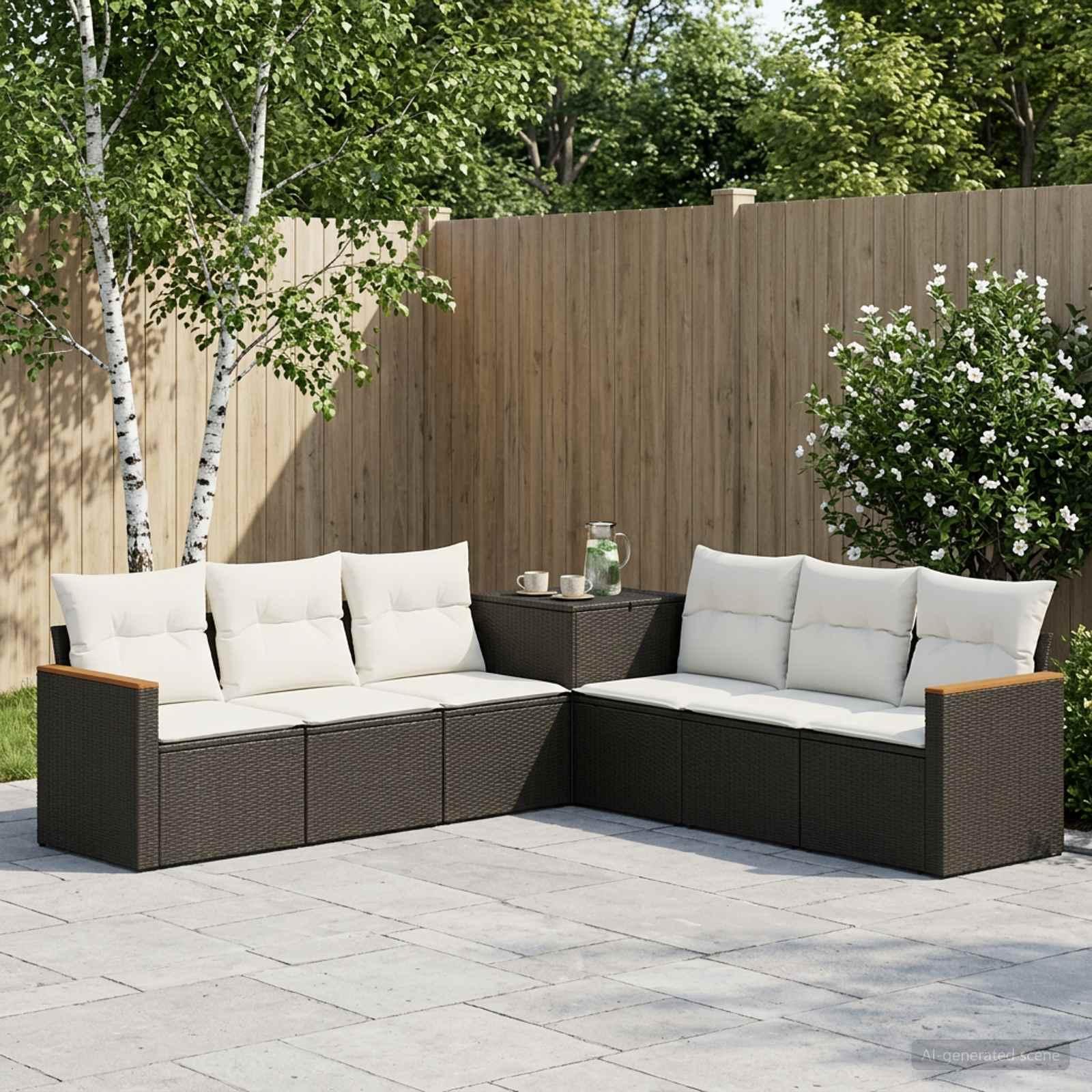Sofa sæt 7 stk. til have og terrasse i sort og cremehvid poly rattan og stål
