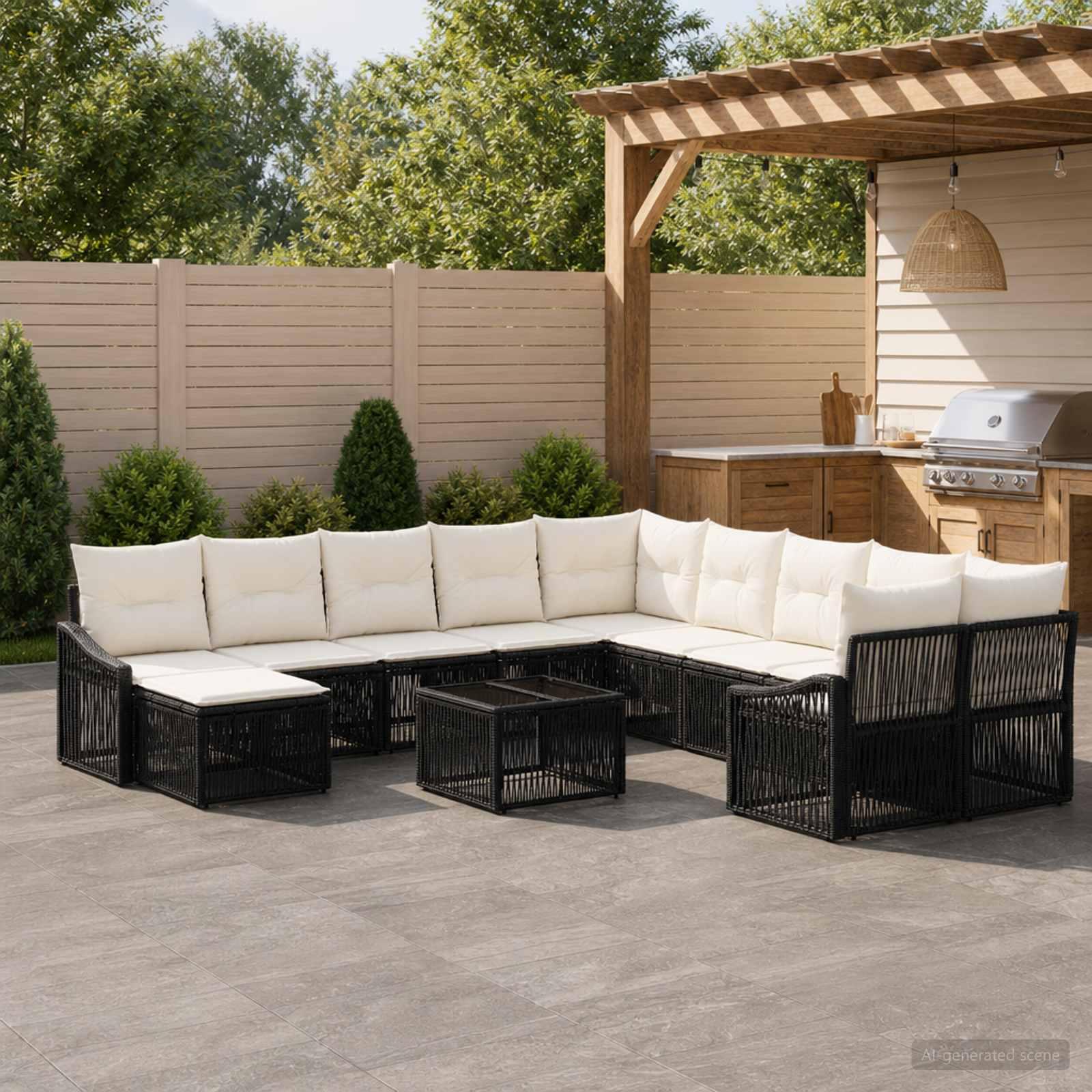 Havesofa sæt 12 stk. i sort polyrattan med creme puder