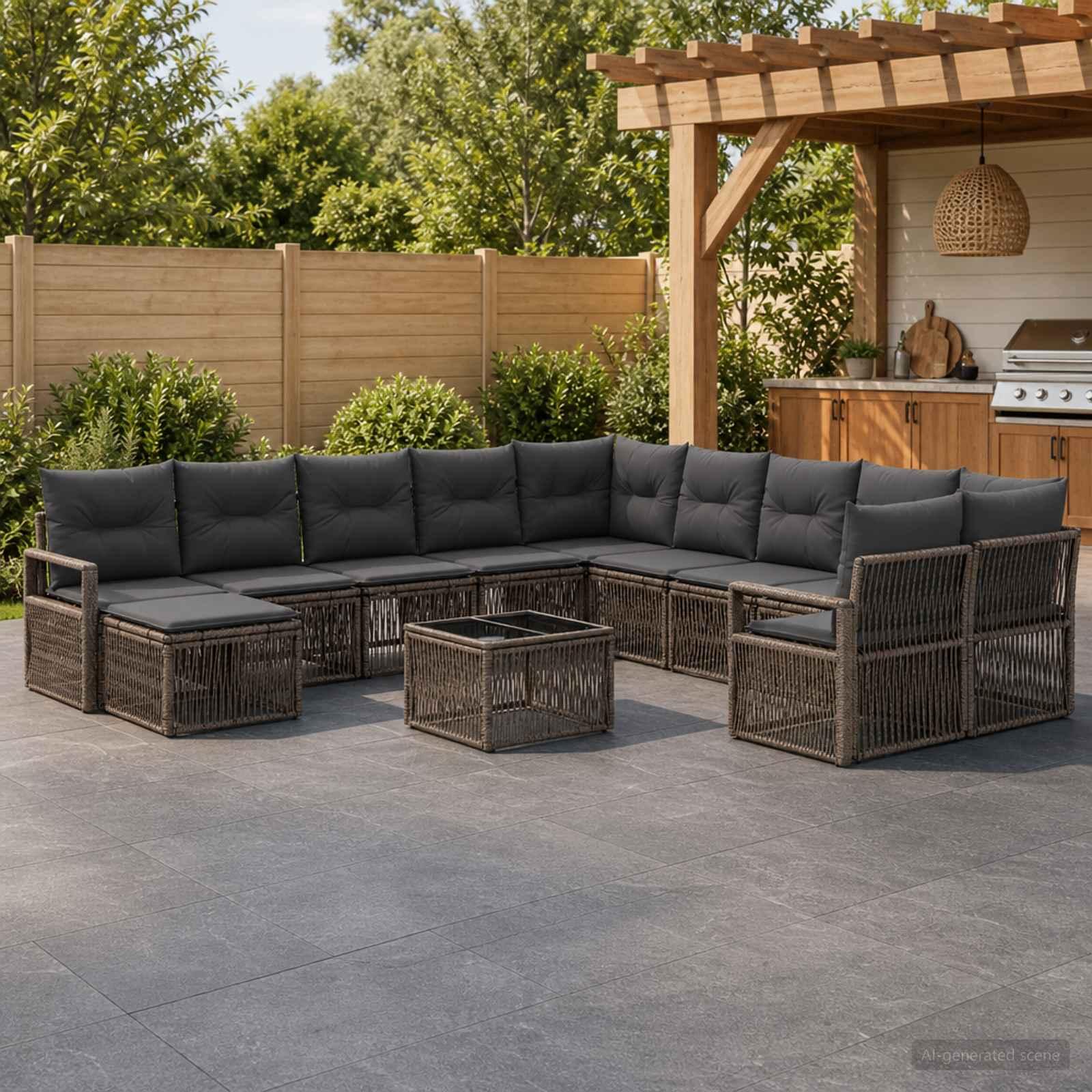 Havesofa sæt 12 stk. i grå polyrattan til terrasse og have