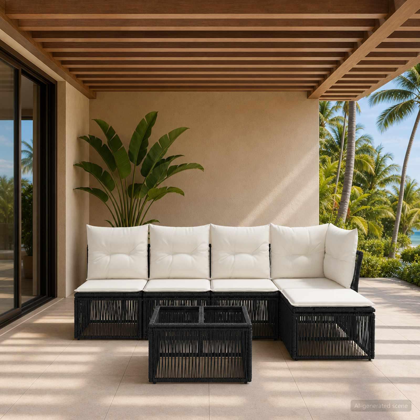 Havesofa sæt 6 stk. i sort polyrattan til terrasse og have