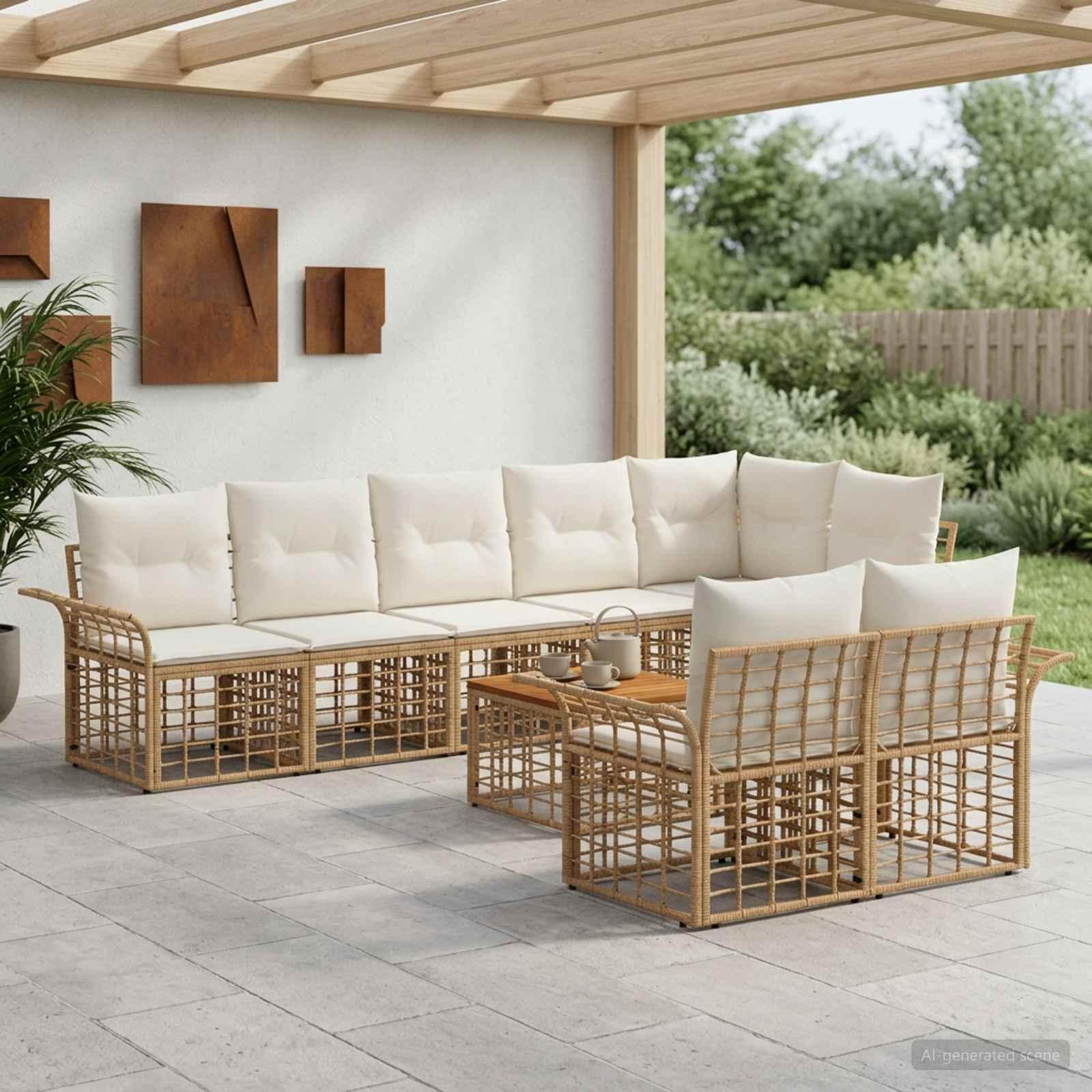 Udendørs sofagruppe 9 stk. i polyrattan - naturlig og cremehvid