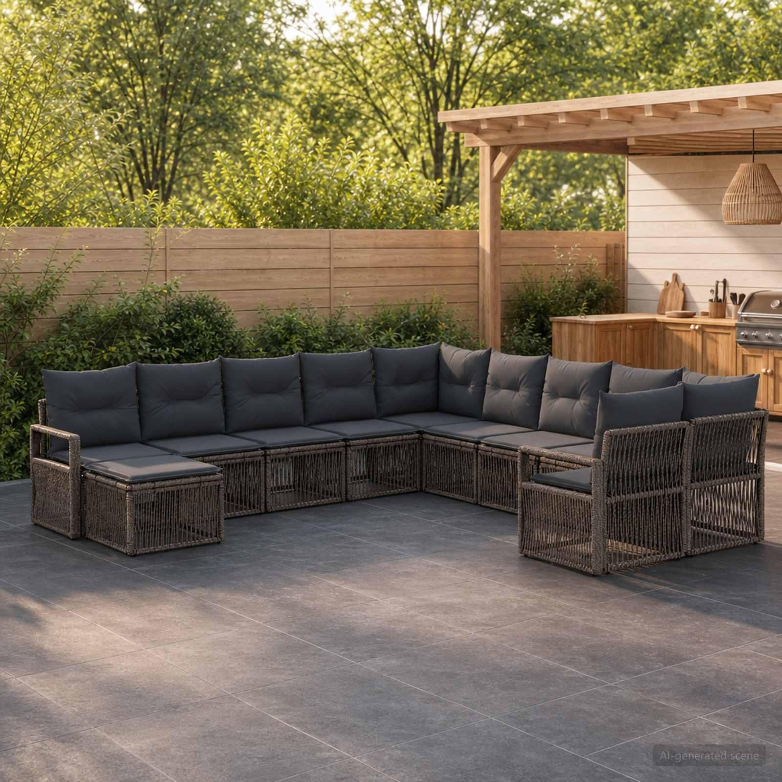 Havesofa sæt 11 stk. i grå polyrattan modulsofa til have og terrasse