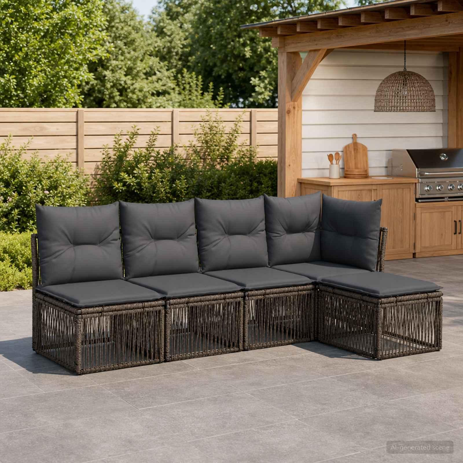 Havesofa sæt 5 stk. i grå polyrattan - modulært loungesæt