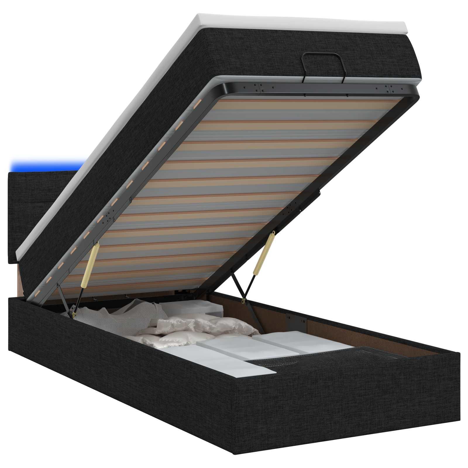 Ottoman seng med opbevaring, madras og LED - sort 90 x 190 cm