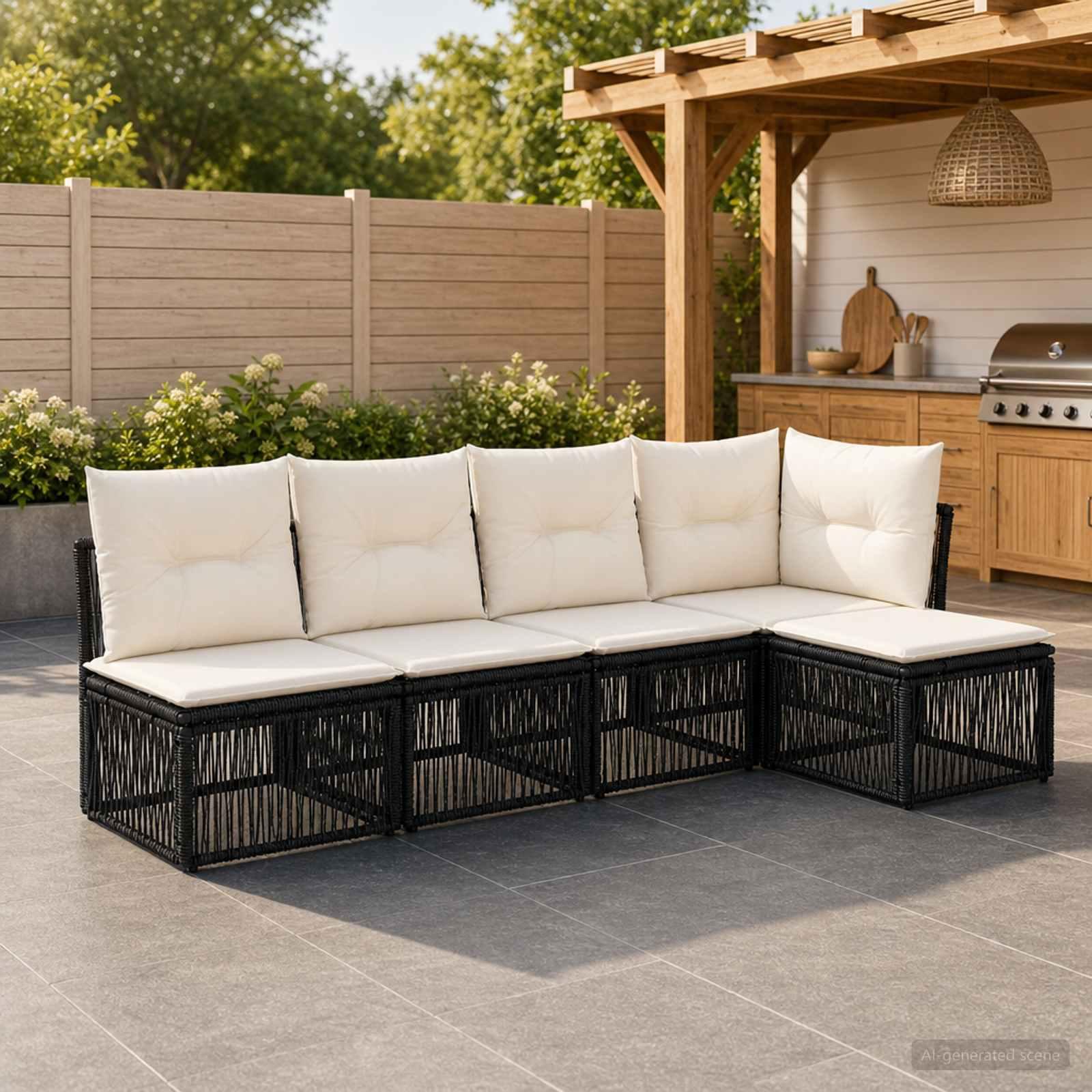 Havesofa sæt 5 stk. i sort polyrattan med modulært loungesæt
