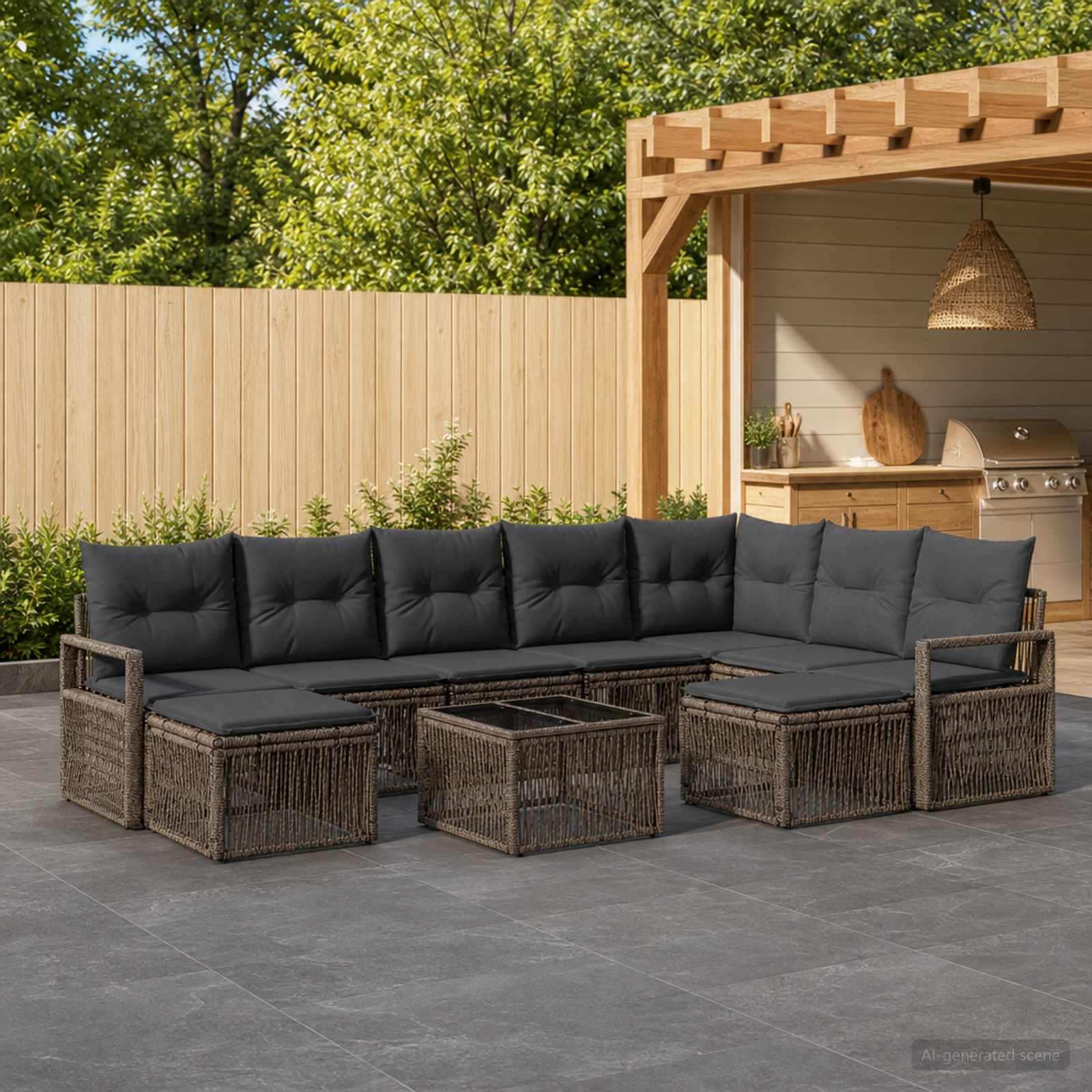 Havesofa sæt 10 stk. i grå polyrattan til terrasse og have