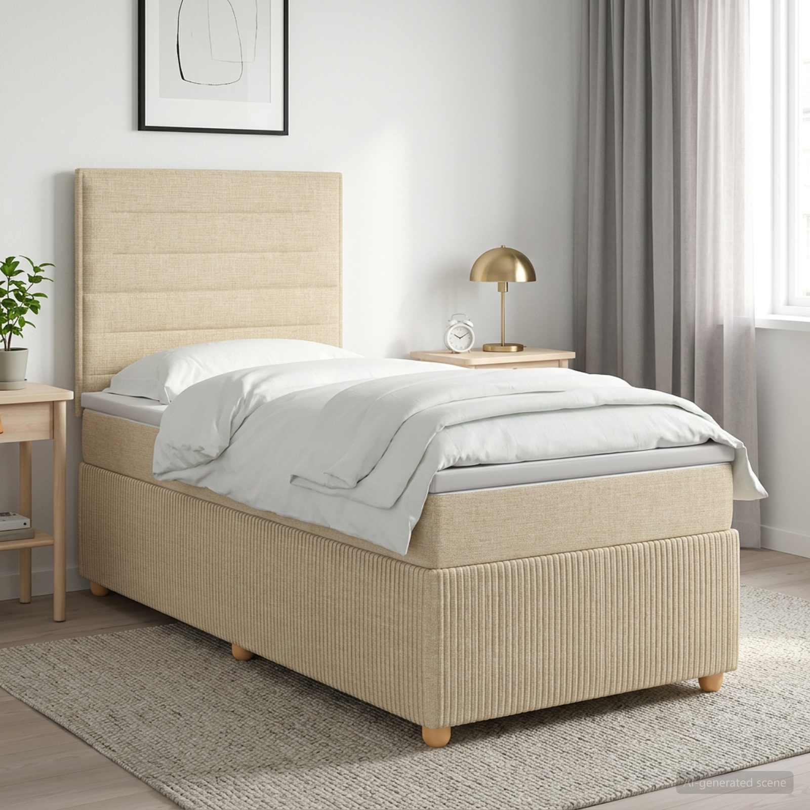 Boxmadras seng med topmadras cremefarvet 90 x 190 cm stof