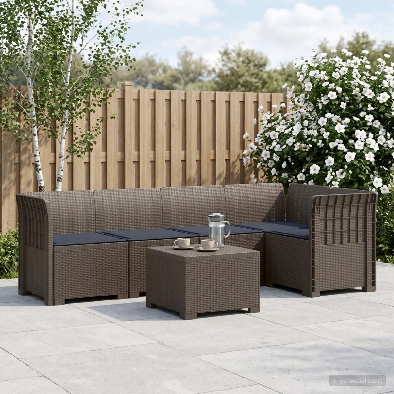 5-personers havemøbel sofa med hynder i rattan-look PP lysegrå