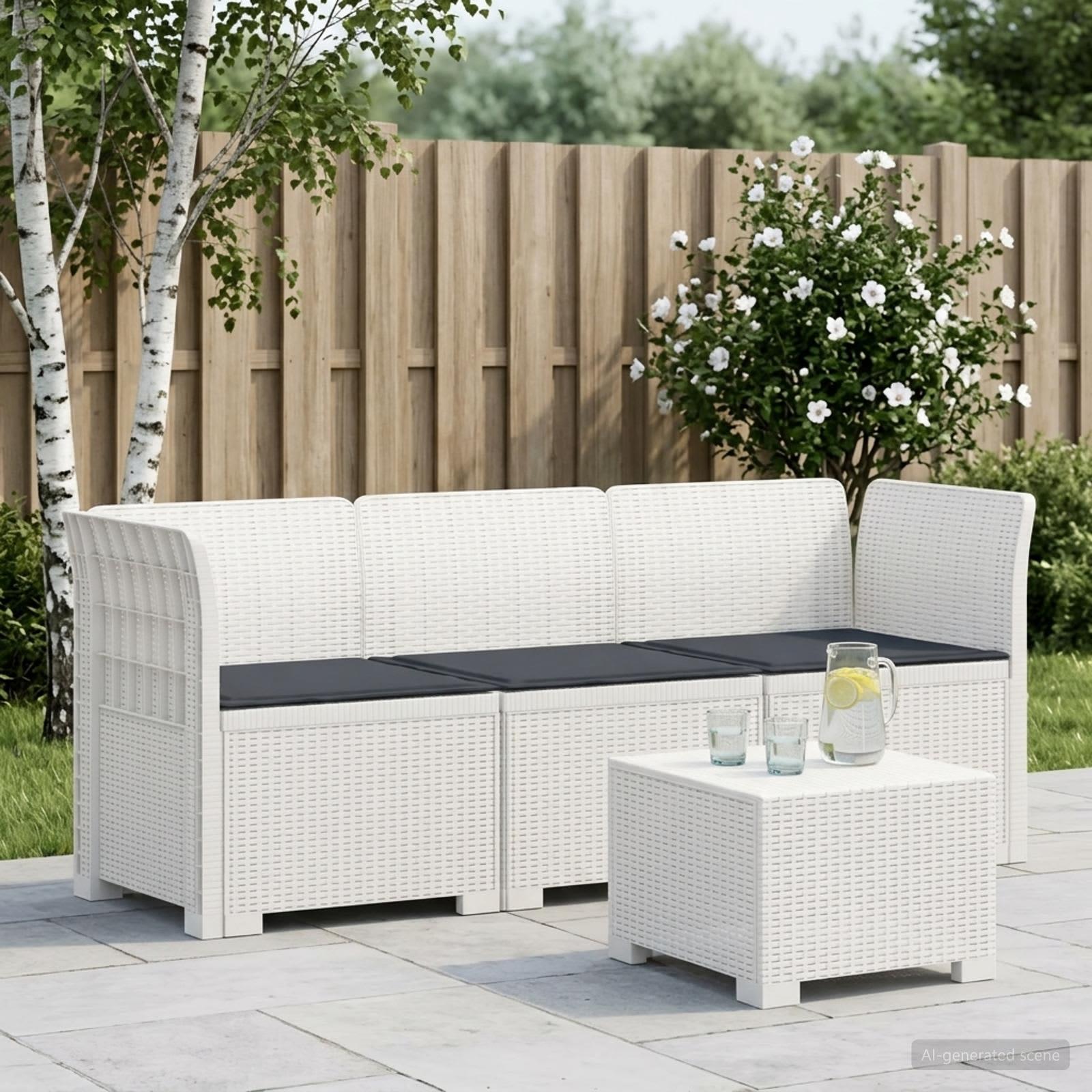 vidaXL 3-personers havensofa med puder i rattanlook PP Hvid