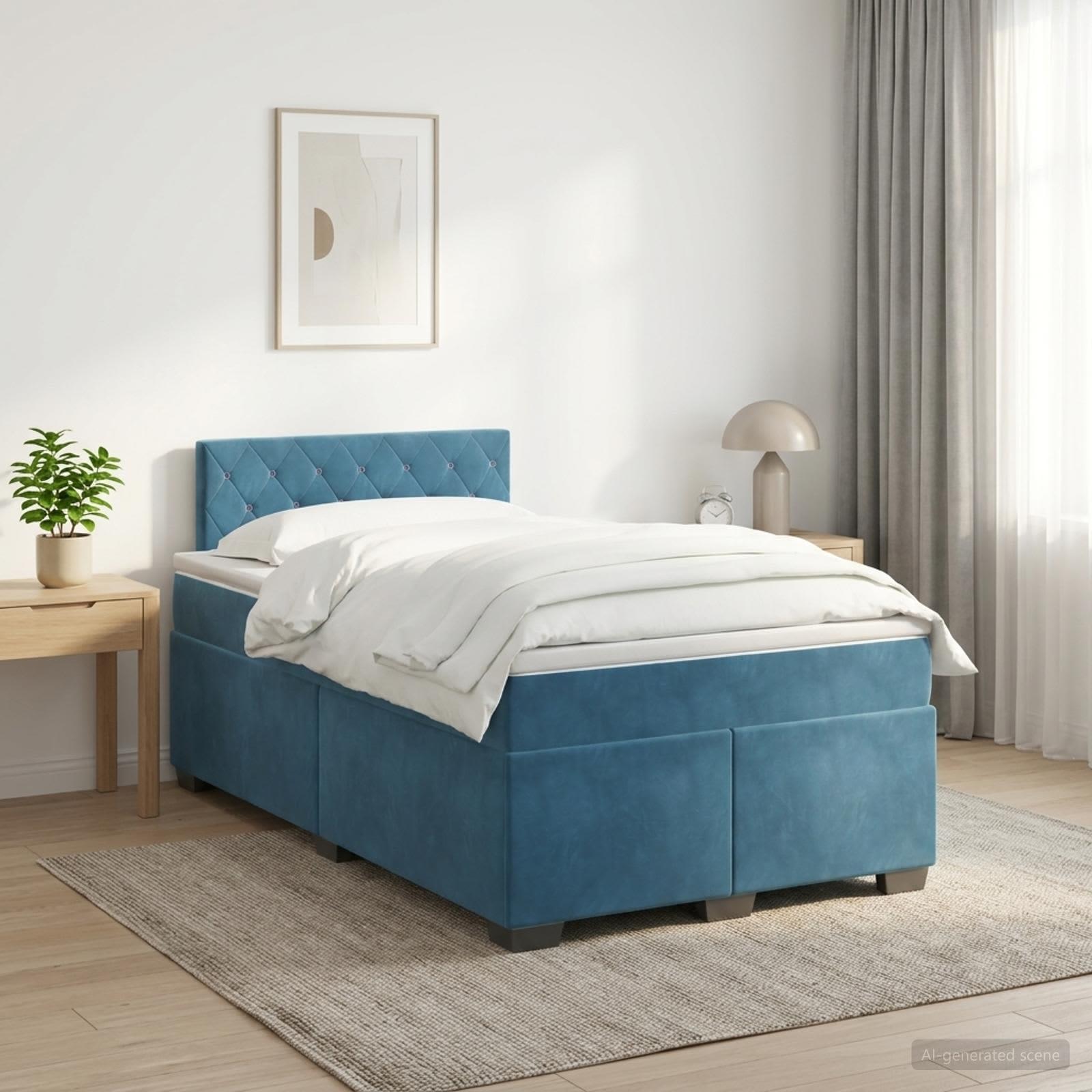 Kontinentalseng med topmadras og hovedgærde 120 x 190 cm i blå fløjl