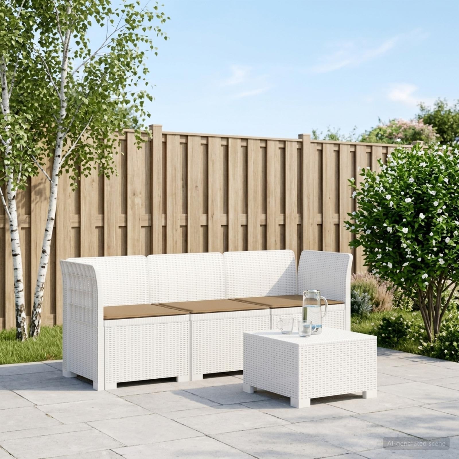 vidaXL 3-personers havensofa med puder i rattanlook PP Hvid