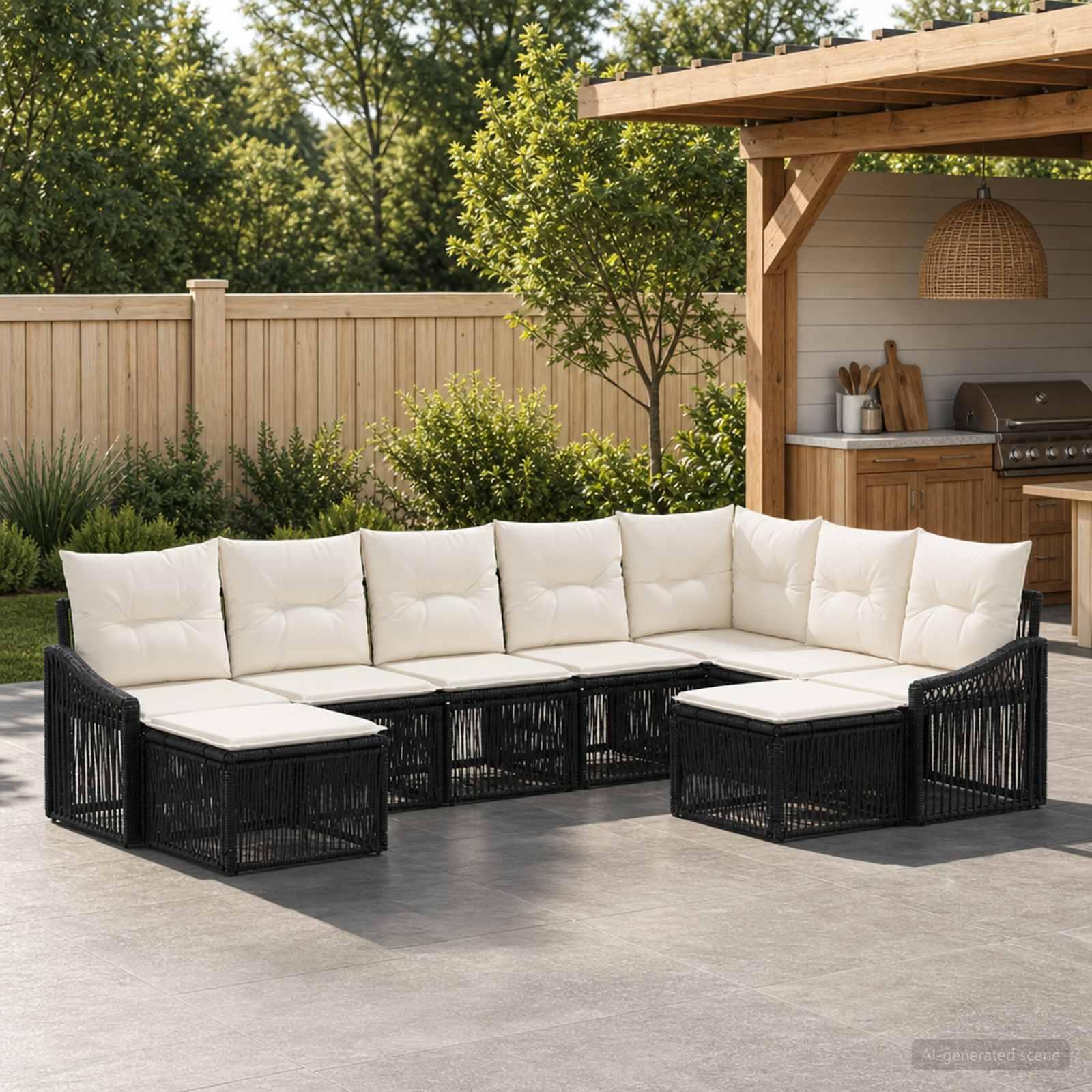 Havesofa sæt 9 stk. i sort polyrattan med cremehvide puder