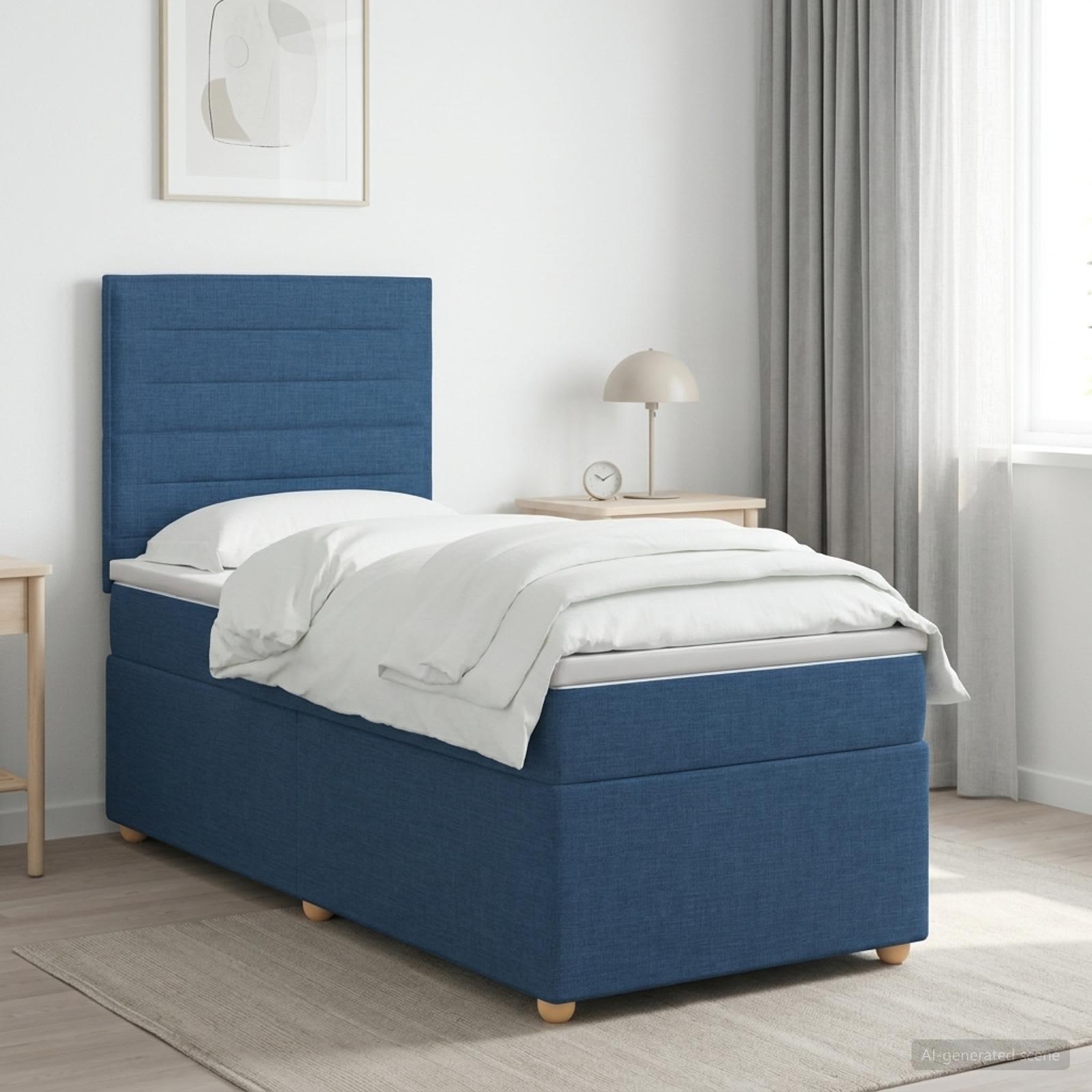 Boxmadras seng med topmadras og hovedgærde 80 x 200 cm - blå stof