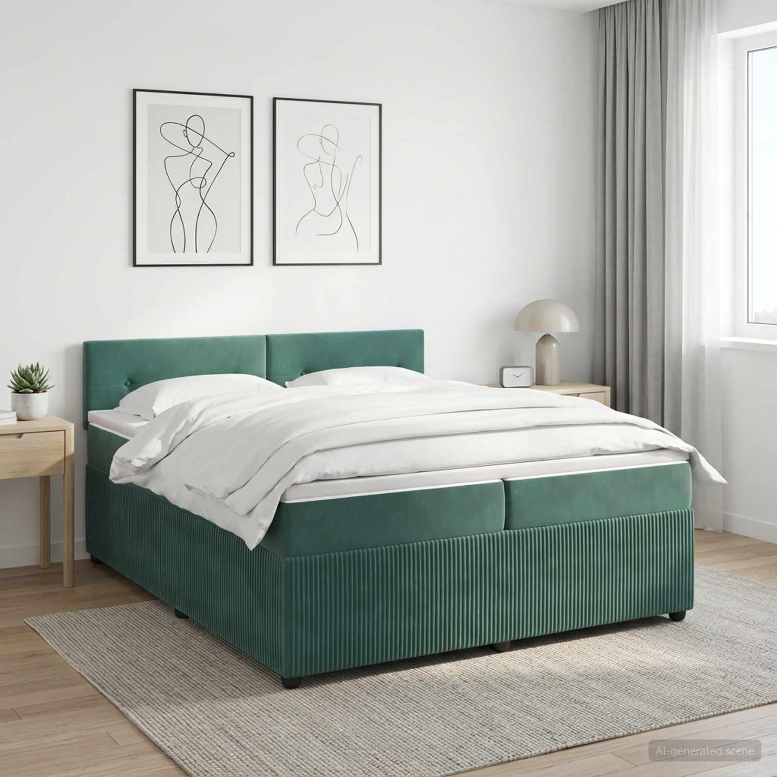 Boxmadras seng med topmadras 200 x 200 cm i mørkegrøn fløjl