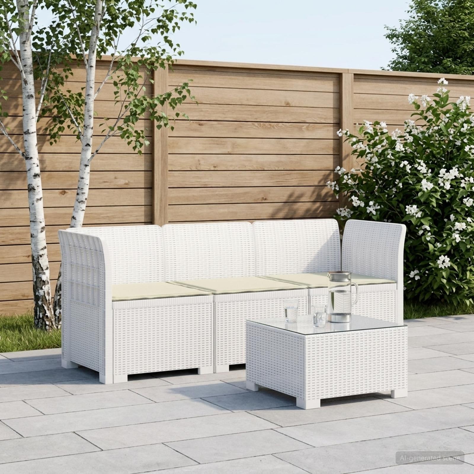 vidaXL 3-personers havensofa med puder i rattanlook PP Hvid