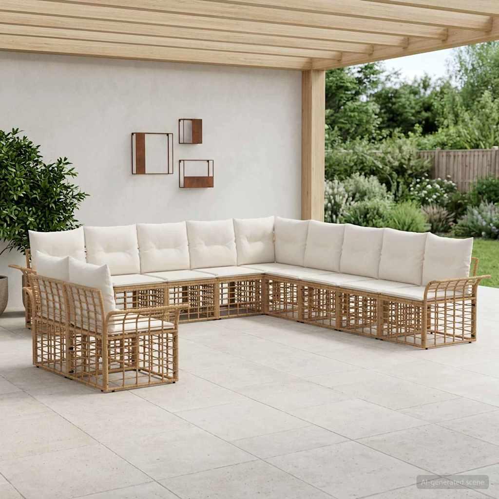 Udendørs sofagruppe 11 stk. i poly rattan natur og creme hvid polyester