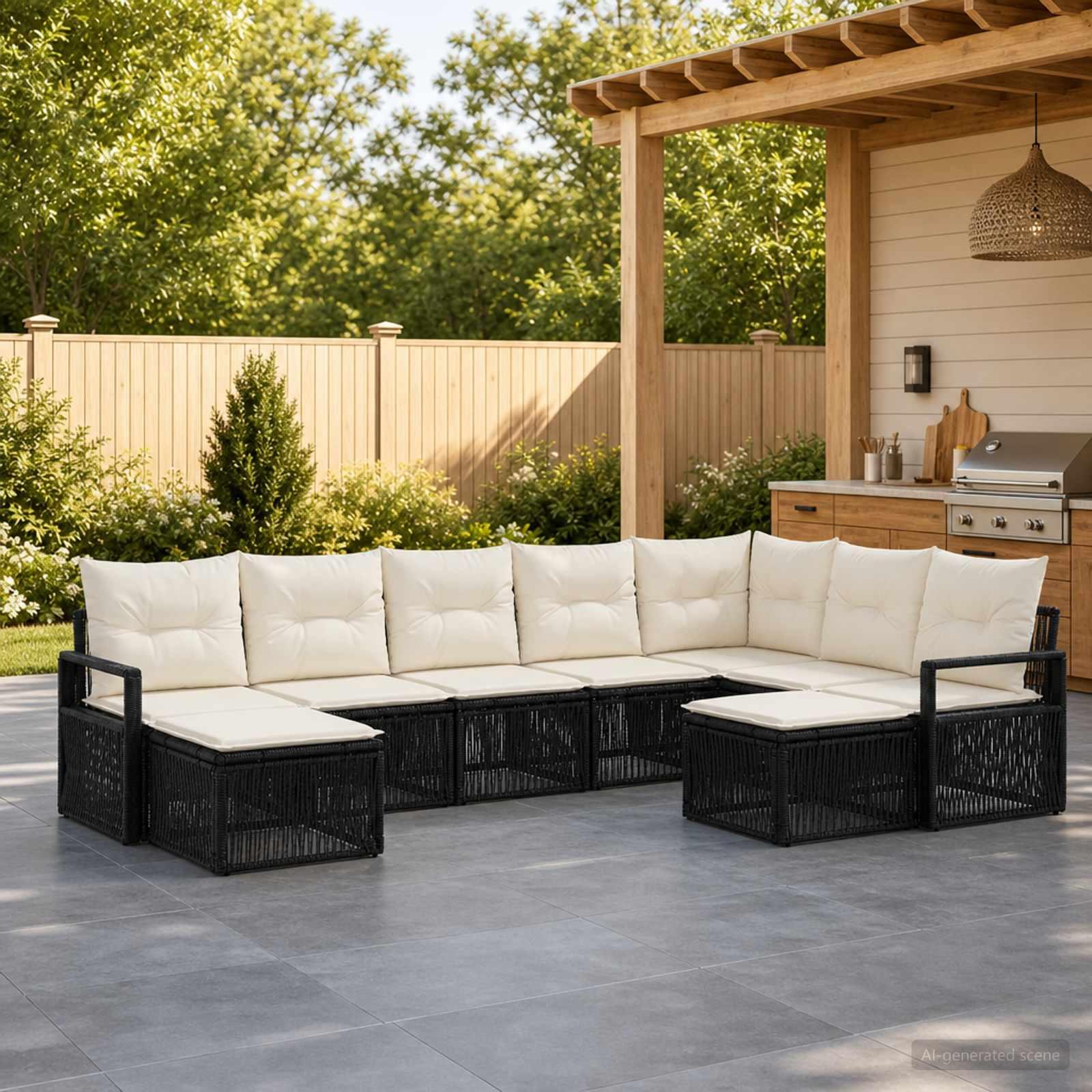 Havesofa sæt 9 stk. i sort polyrattan til terrasse og have