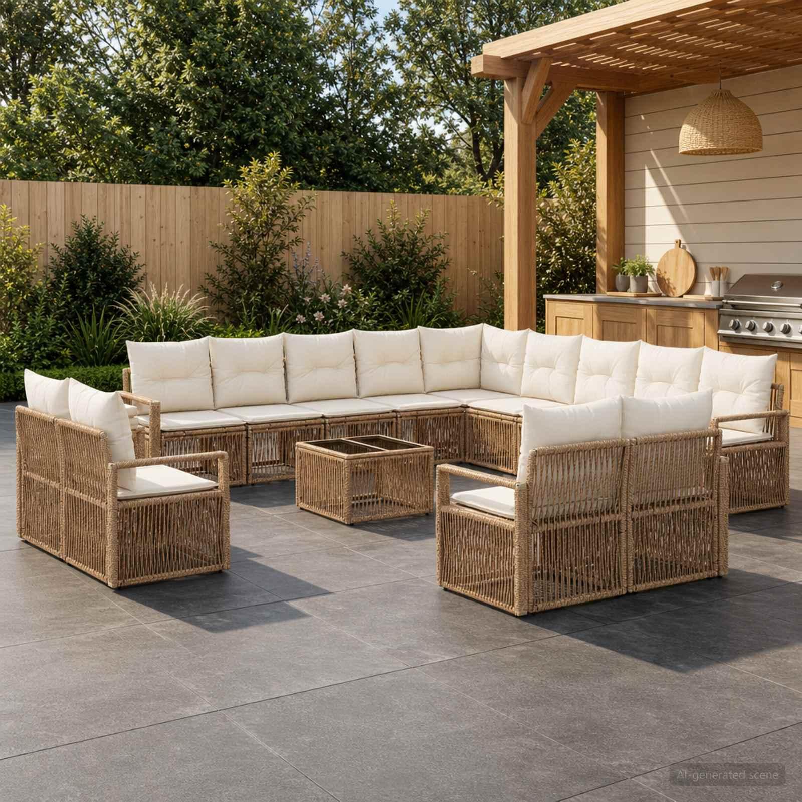 Havesofa sæt 14 dele i beige polyrattan til terrasse og have