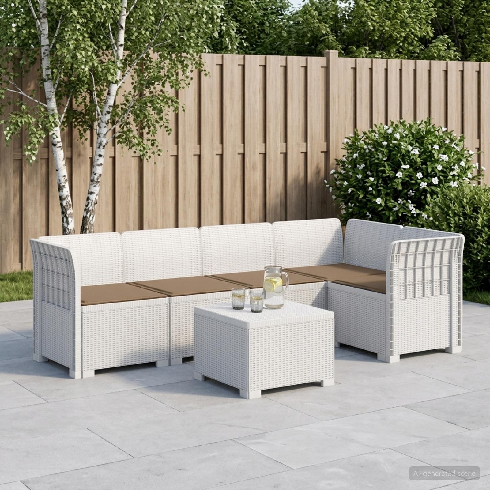 5-personers havemøbel sofa med hynder i rattan-look PP hvid