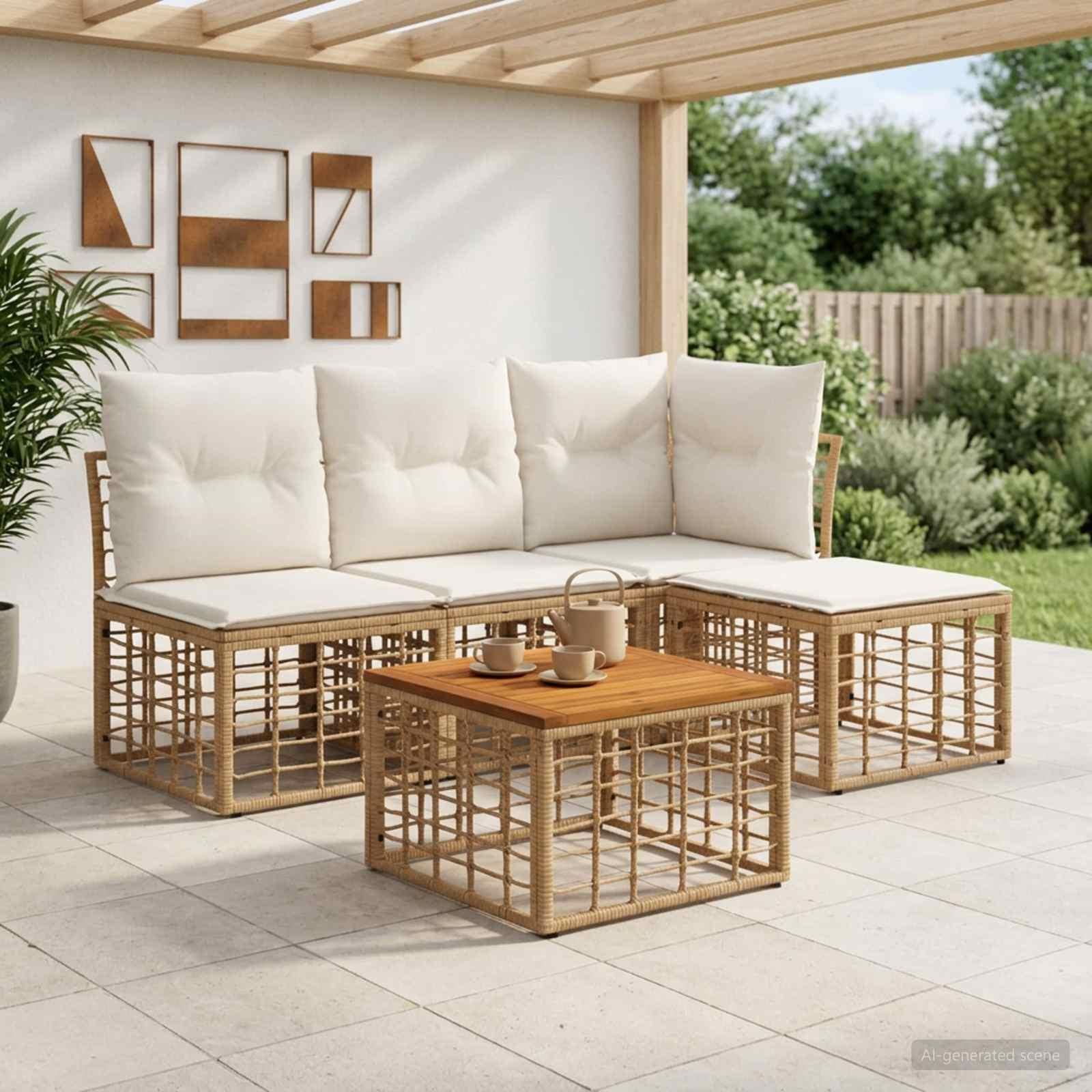 Udendørs sofagruppe 5 stk. i poly rattan med bord - naturlig og cremehvid