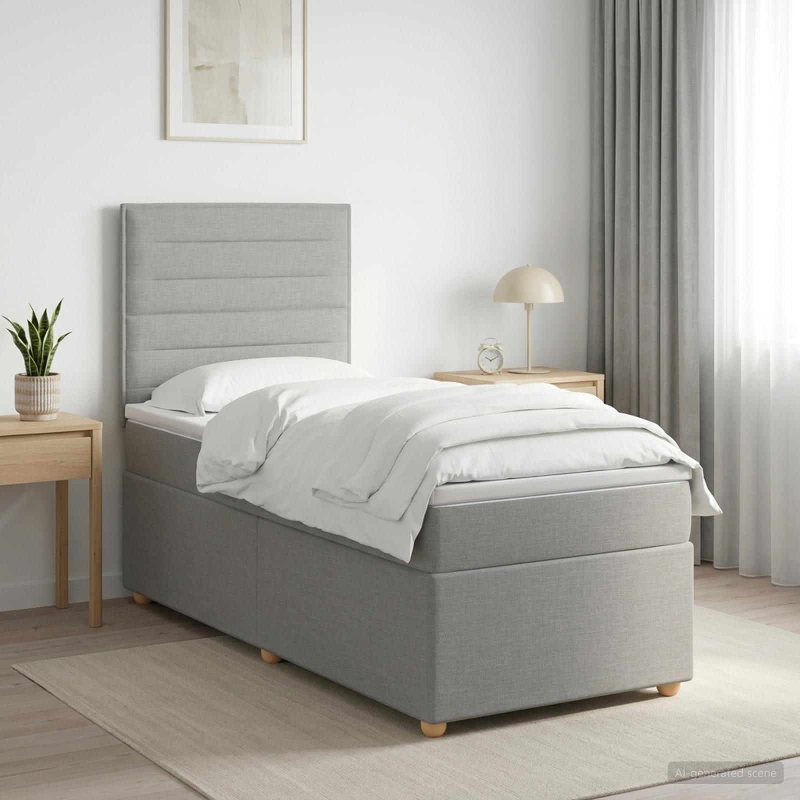 Boxmadras med topmadras og hovedgærde 80 x 200 cm lysegrå stof