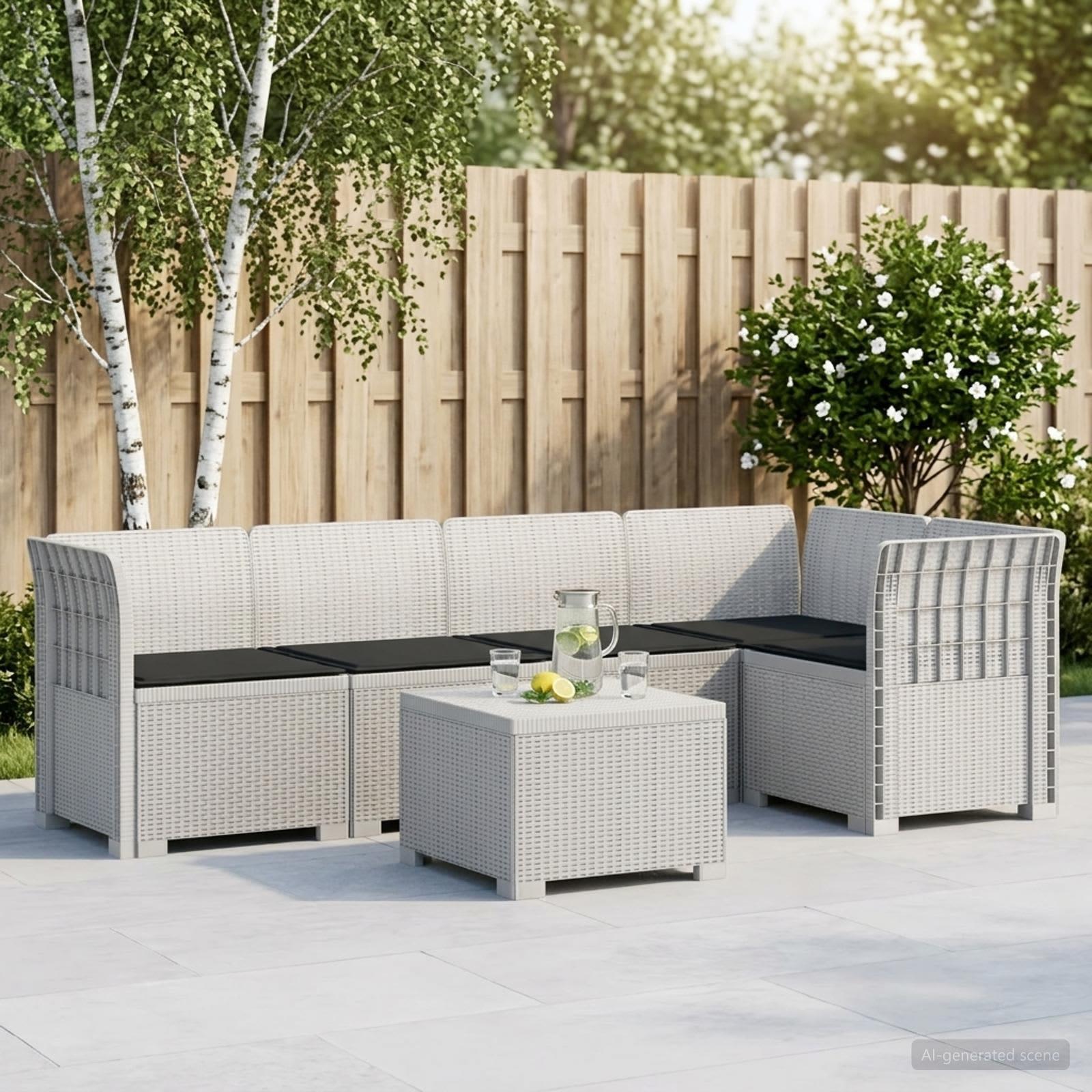 5-personers havemøbel sofa med hynder i rattan-look PP hvid