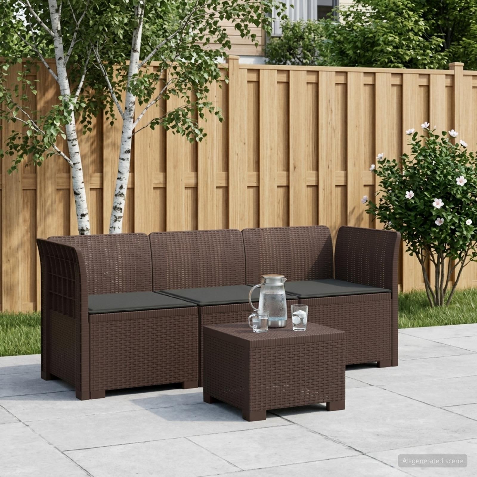 vidaXL 3-personers havensofa med puder i rattanlook PP Brun