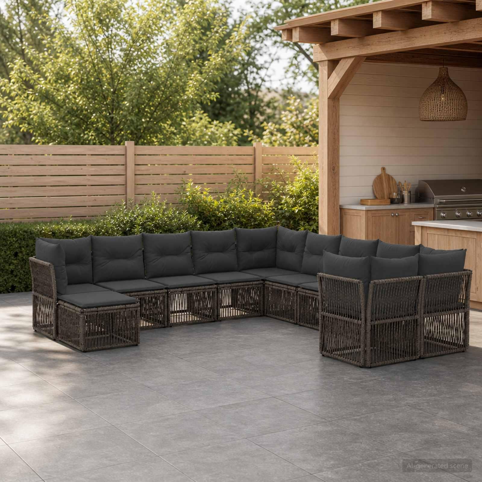 Havesofa sæt 11 stk. i grå polyrattan - modulært loungesæt til have og terrasse