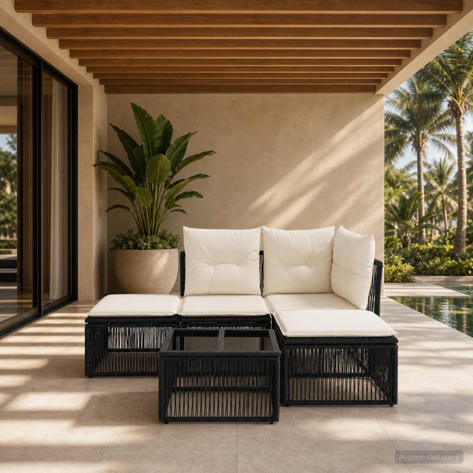 Havesofa sæt 5 stk. i sort polyrattan med bord