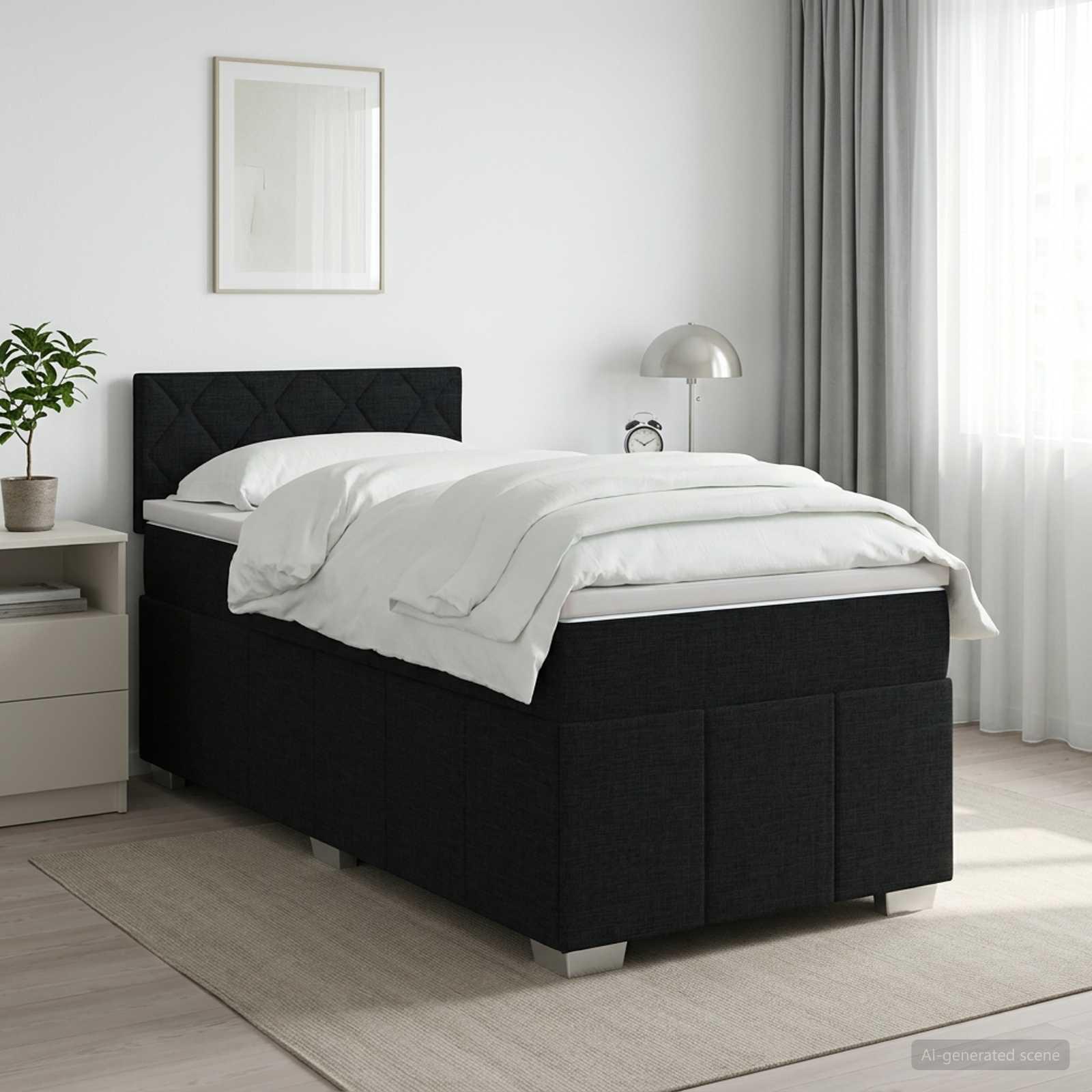 Boxmadras med topmadras og hovedgærde 90 x 190 cm - sort stof