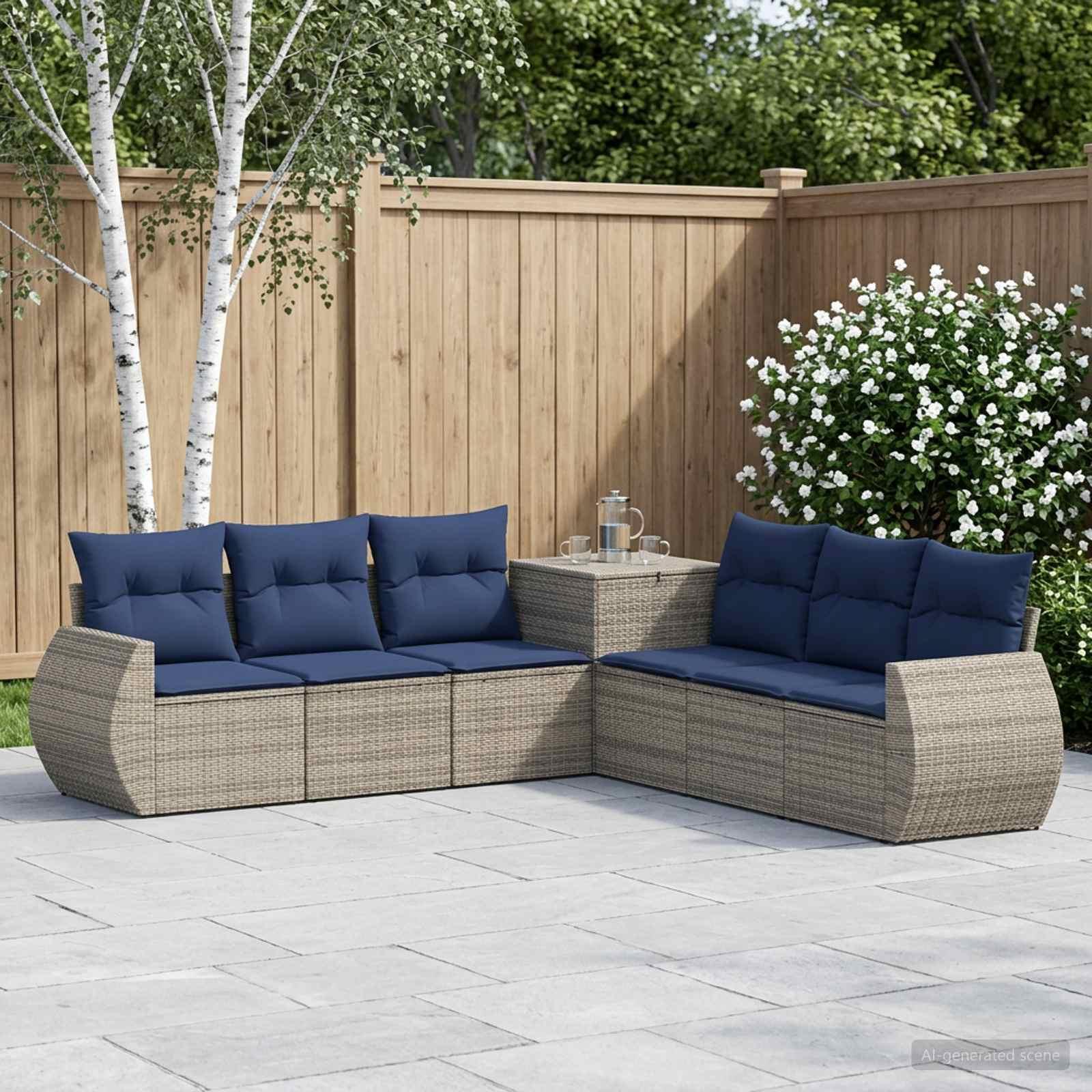 vidaXL Sofa Sæt 7 stk. Grå og Marineblå Poly Rattan og Stål