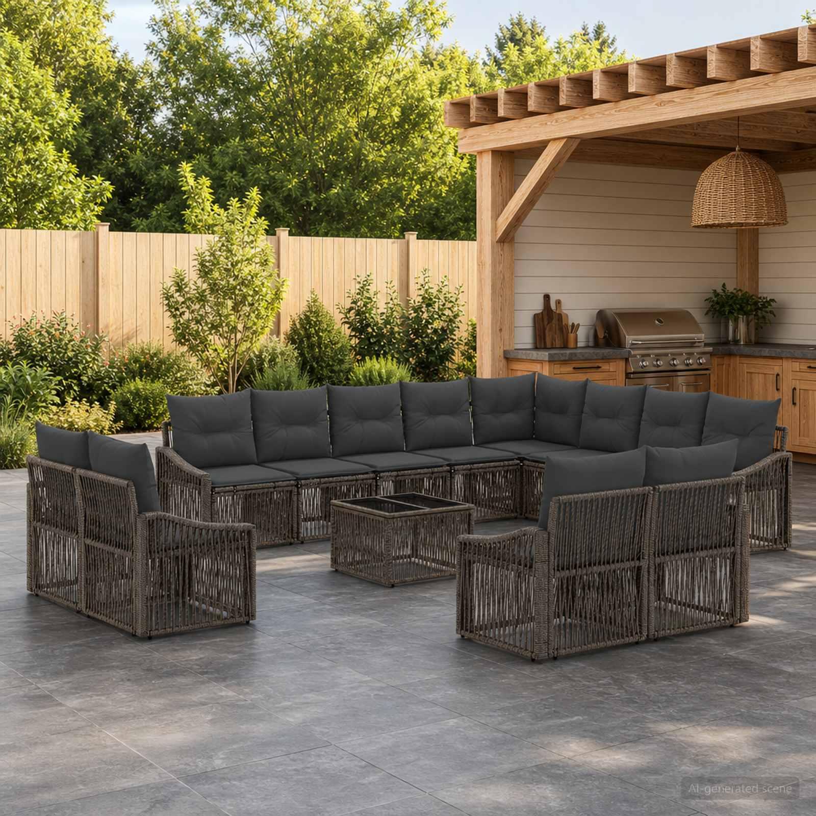 Havesofa sæt 13 stk. i grå polyrattan til have og terrasse