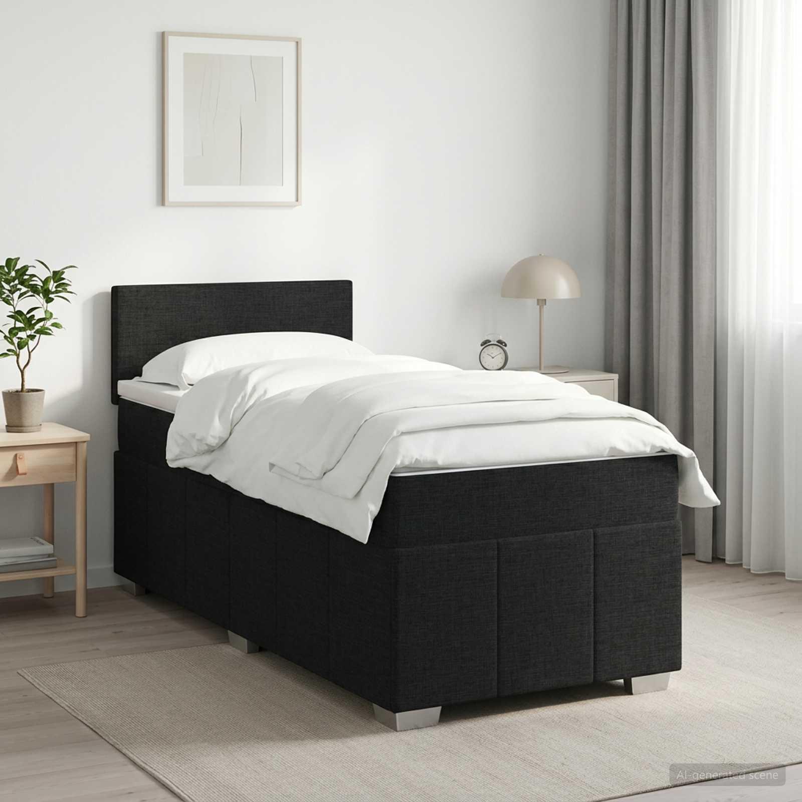 Boxmadras med topmadras og hovedgærde 90 x 190 cm - sort stof
