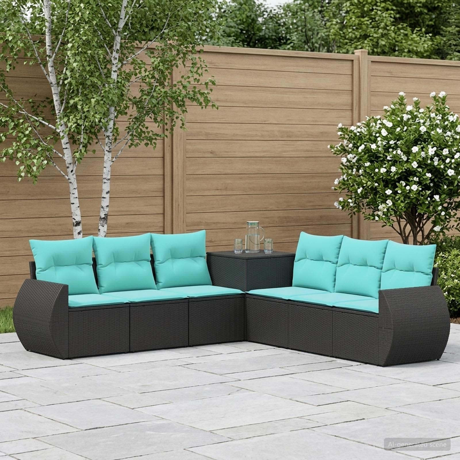vidaXL Sofa Sæt 7 stk. Sort og Blå Poly Rattan og Stål