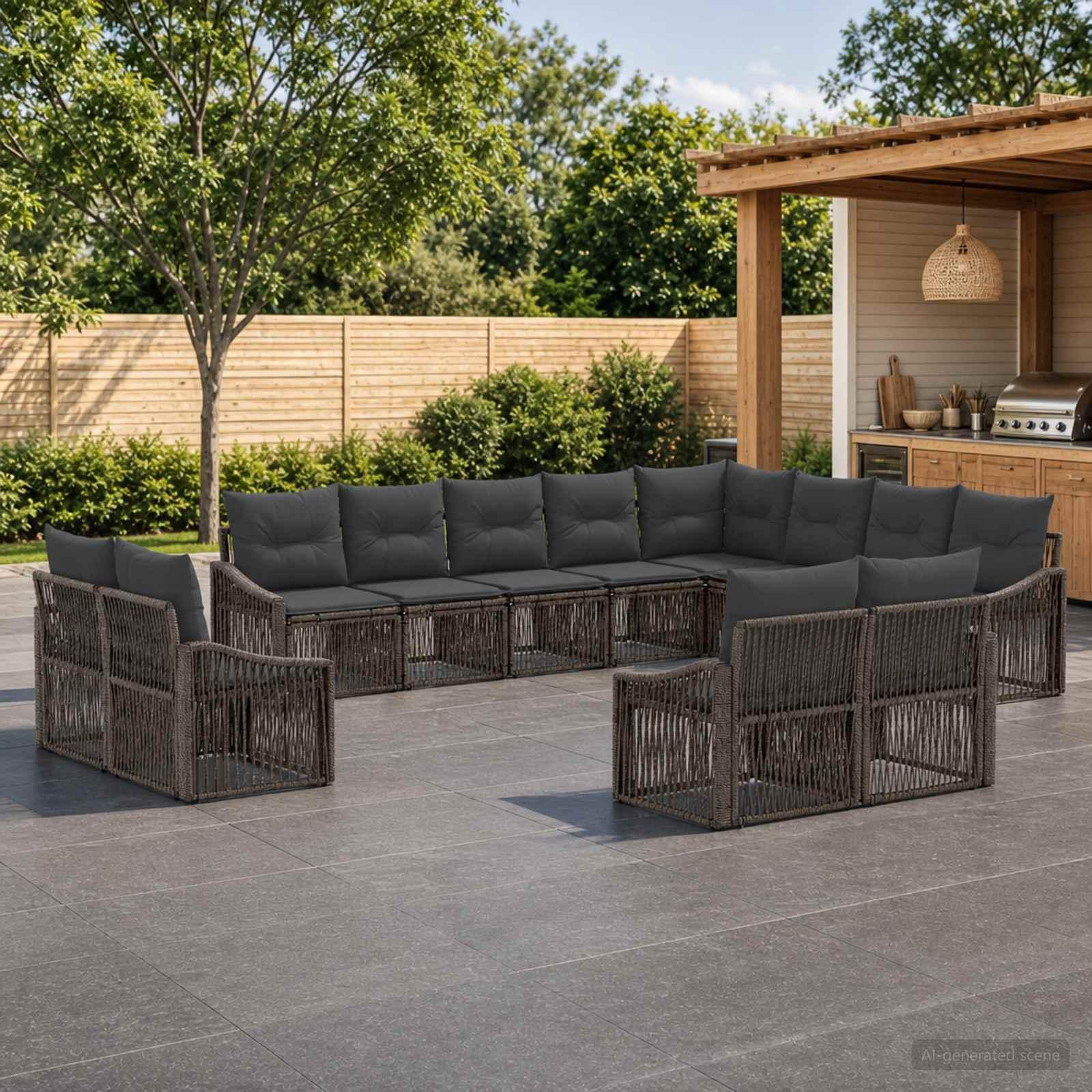 Havesofa sæt 12 stk. i grå polyrattan - modulært loungesæt til have og terrasse