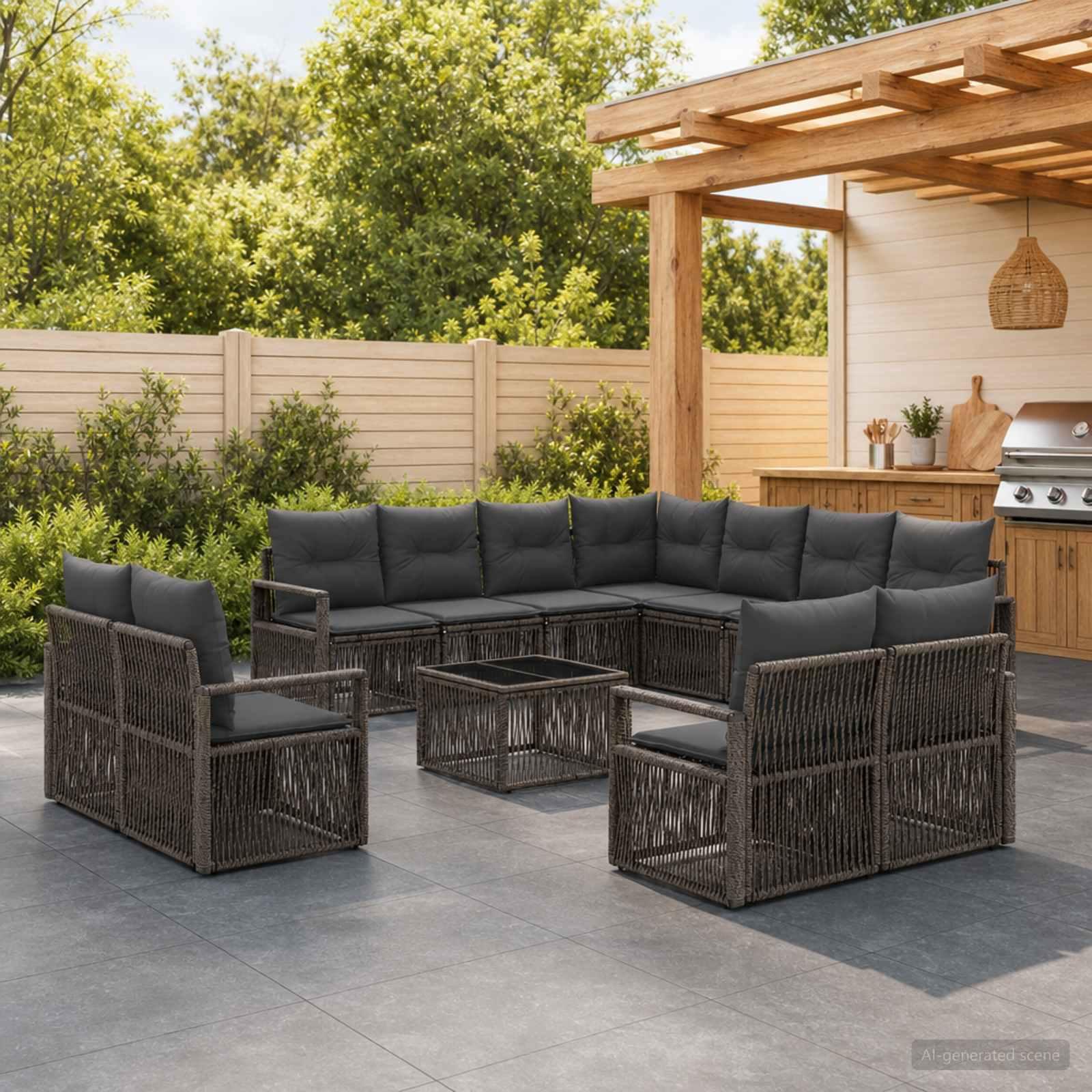 Havesofa sæt 12 stk. i grå polyrattan til terrasse og have