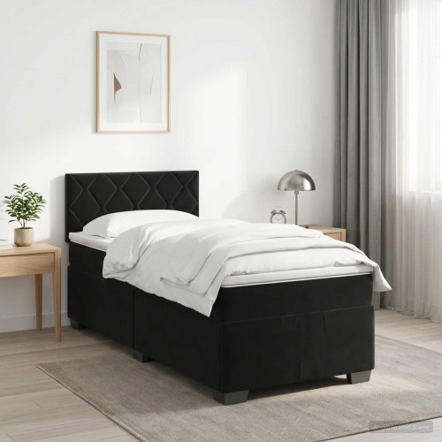 Boxmadras seng med topmadras og hovedgærde 90 x 200 cm i sort fløjl