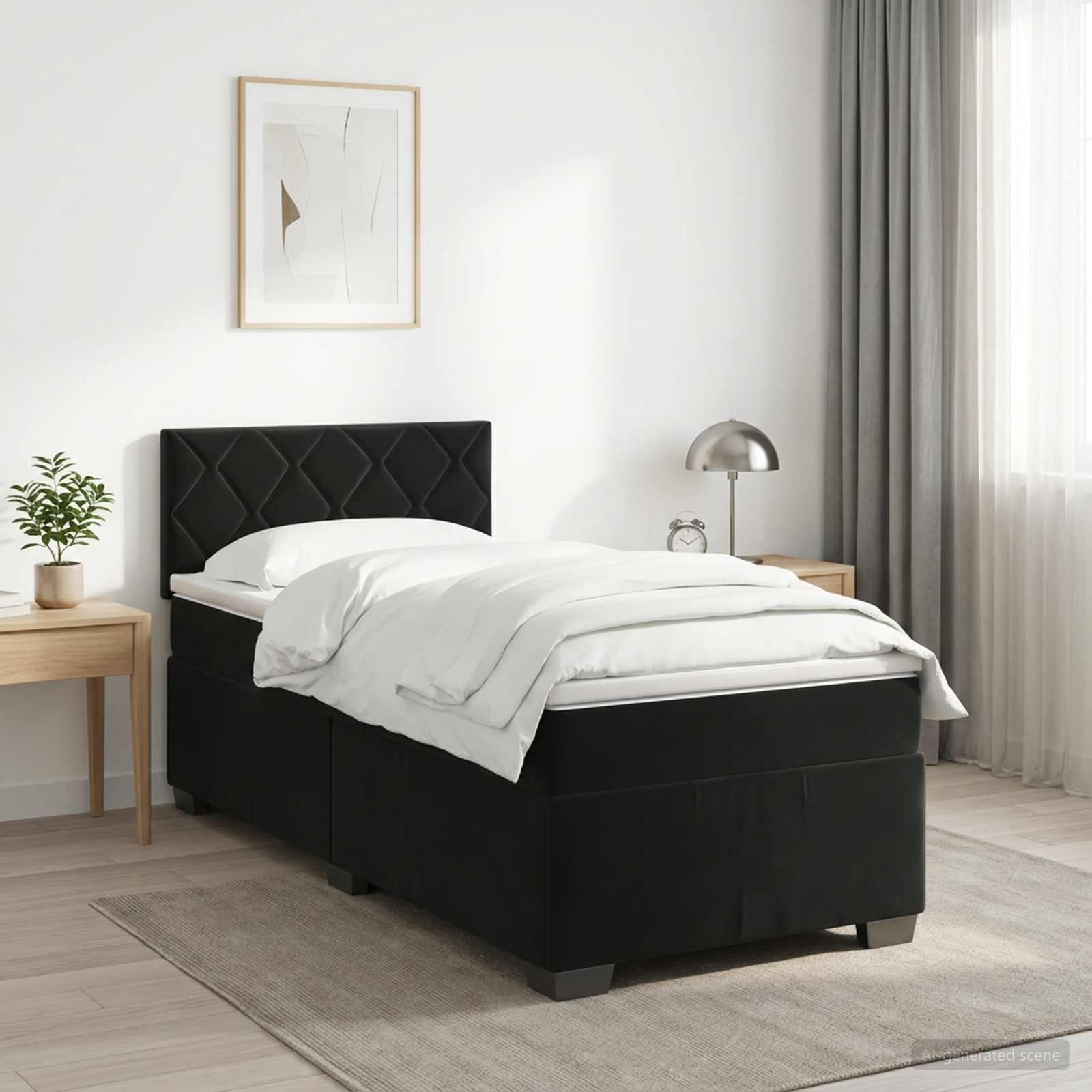 Boxmadras seng med topmadras og hovedgærde 90 x 200 cm i sort fløjl