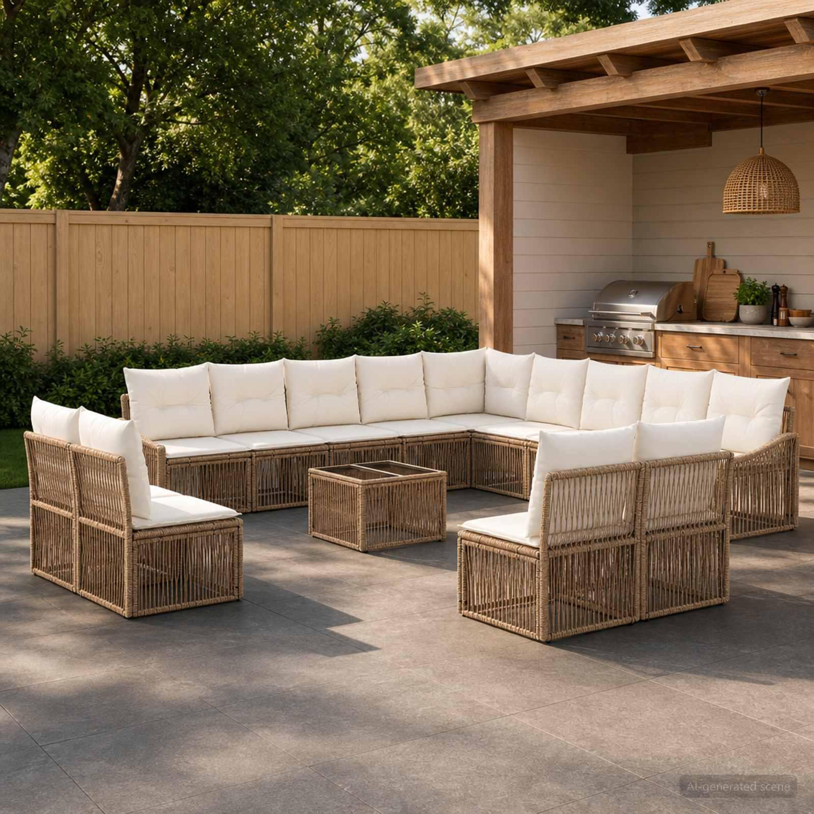 Havesofa sæt 14 stk. i beige polyrattan med bord