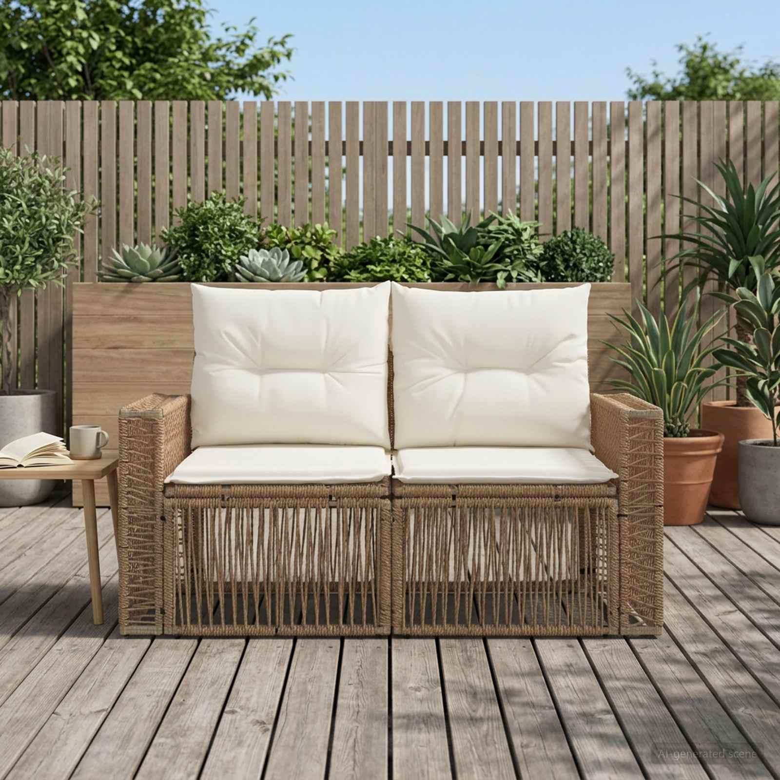 Havemøbelsofa 2-personers i beige polyrattan med puder