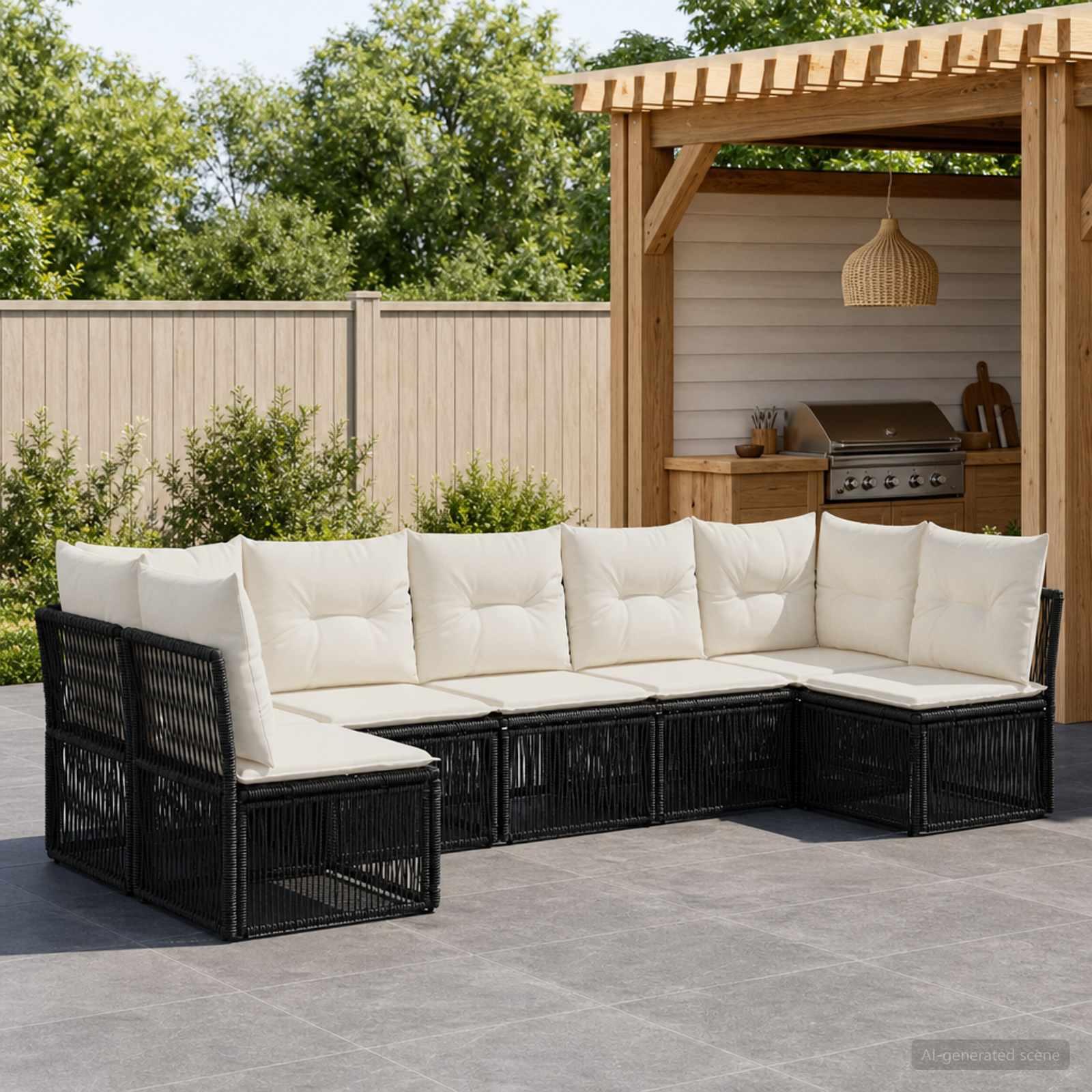 Havesofa sæt 7 stk. i sort polyrattan med puder