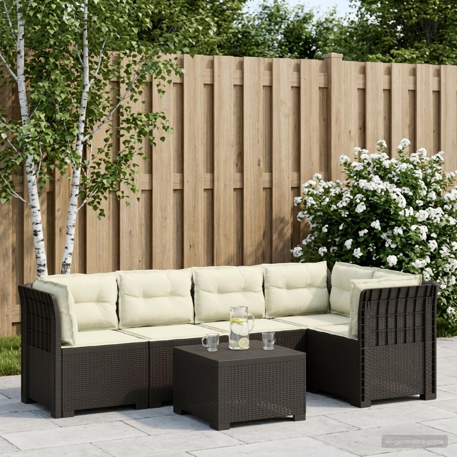 5-personers havemøbel sofa med hynder i rattan-look, PP, lysegrå